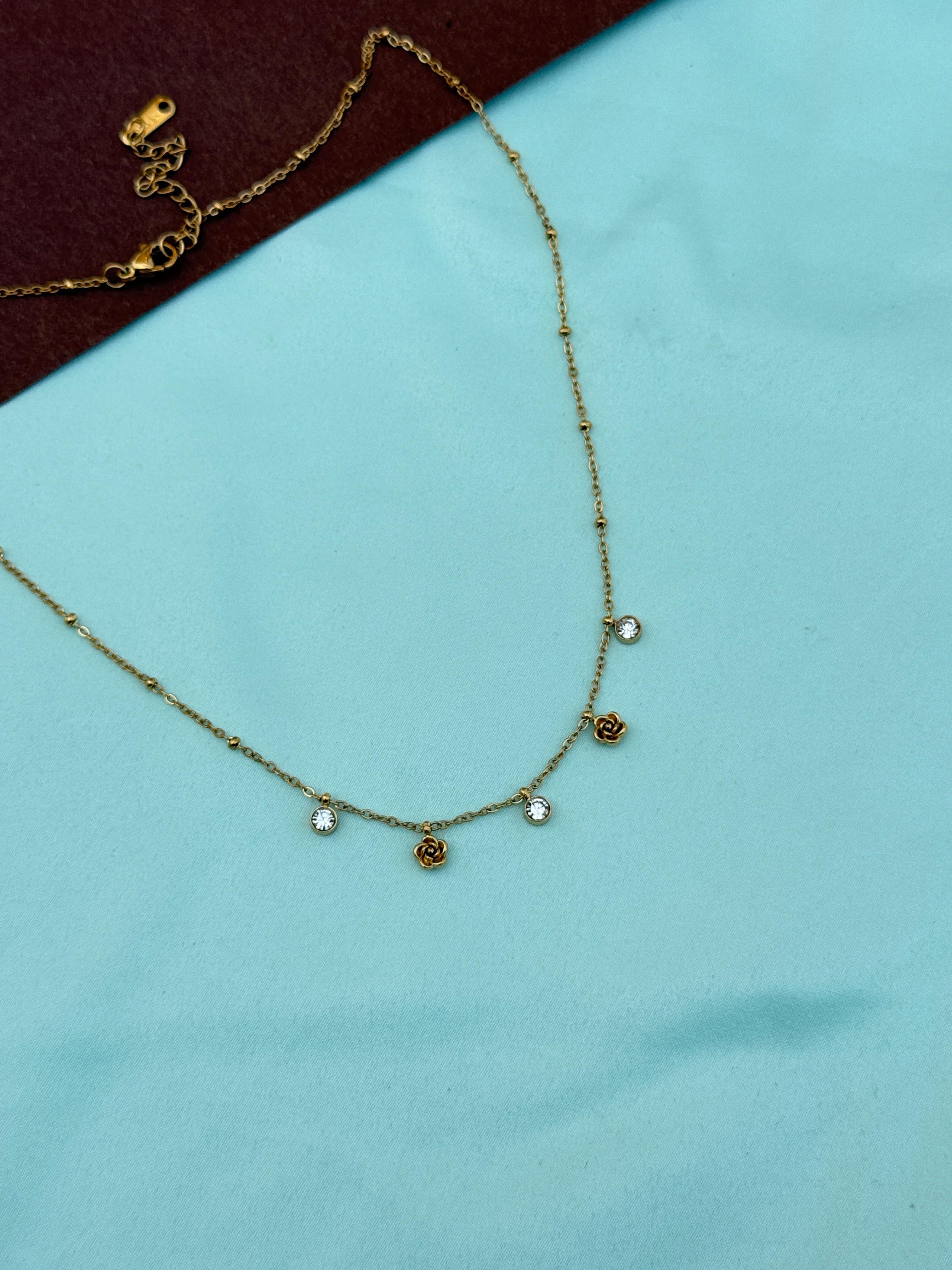 Dc110 anti tarnish single line rose flower and stones 18inches adjustable daily wear chain