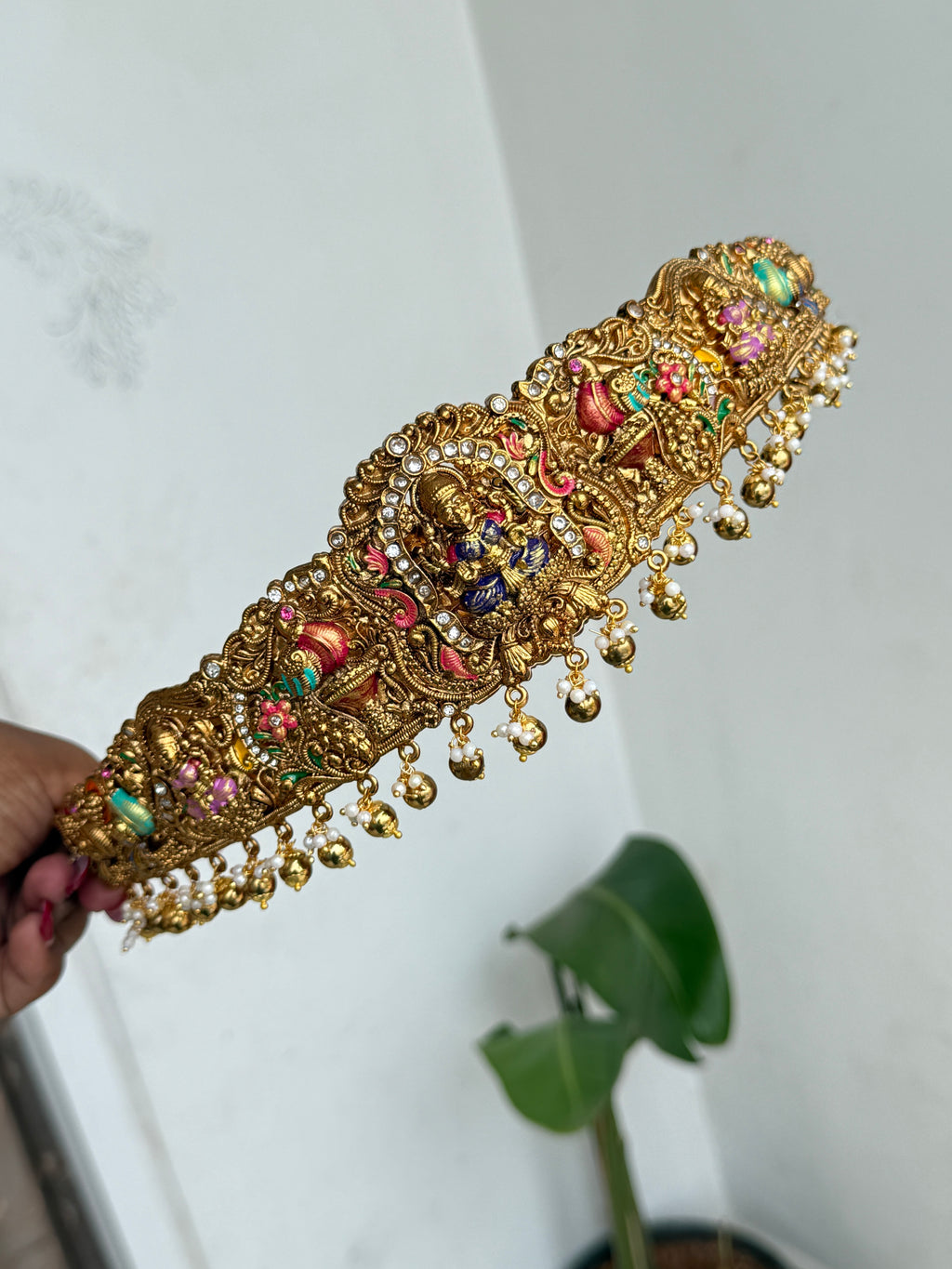 Hb665 adults texture meenakari lakshmi devi hipbelt with gold balls