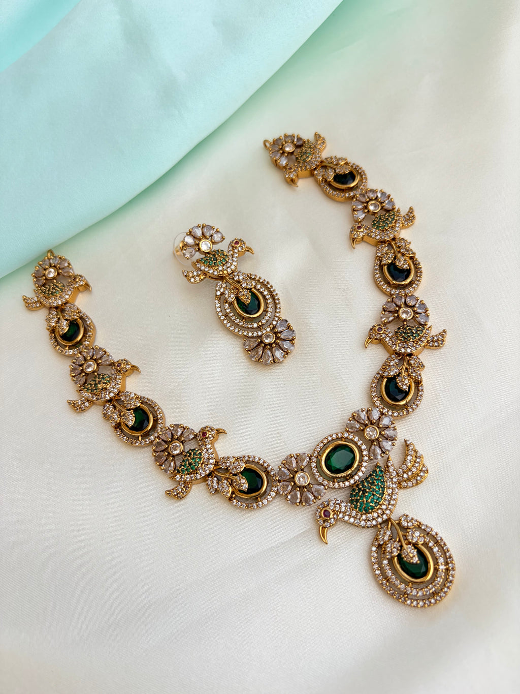 Premium AD Stone Bird Motif Neckset with Emerald Green Accents with Earrings Ns862