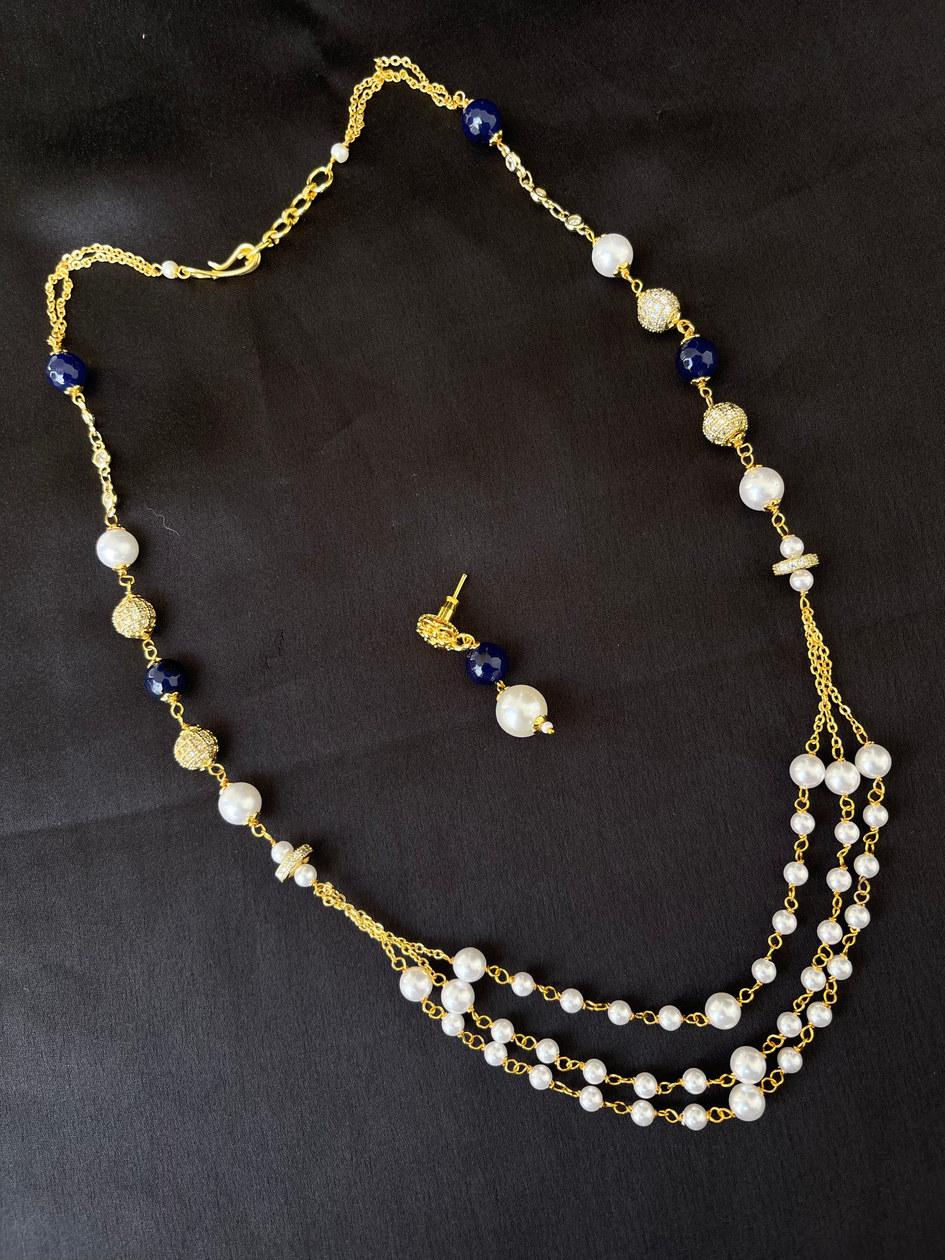 White blue 3 layers chain with earrings pr006