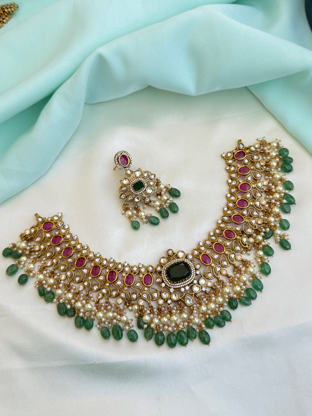 Emerald Kundan Choker Neckset with earrings ns10004