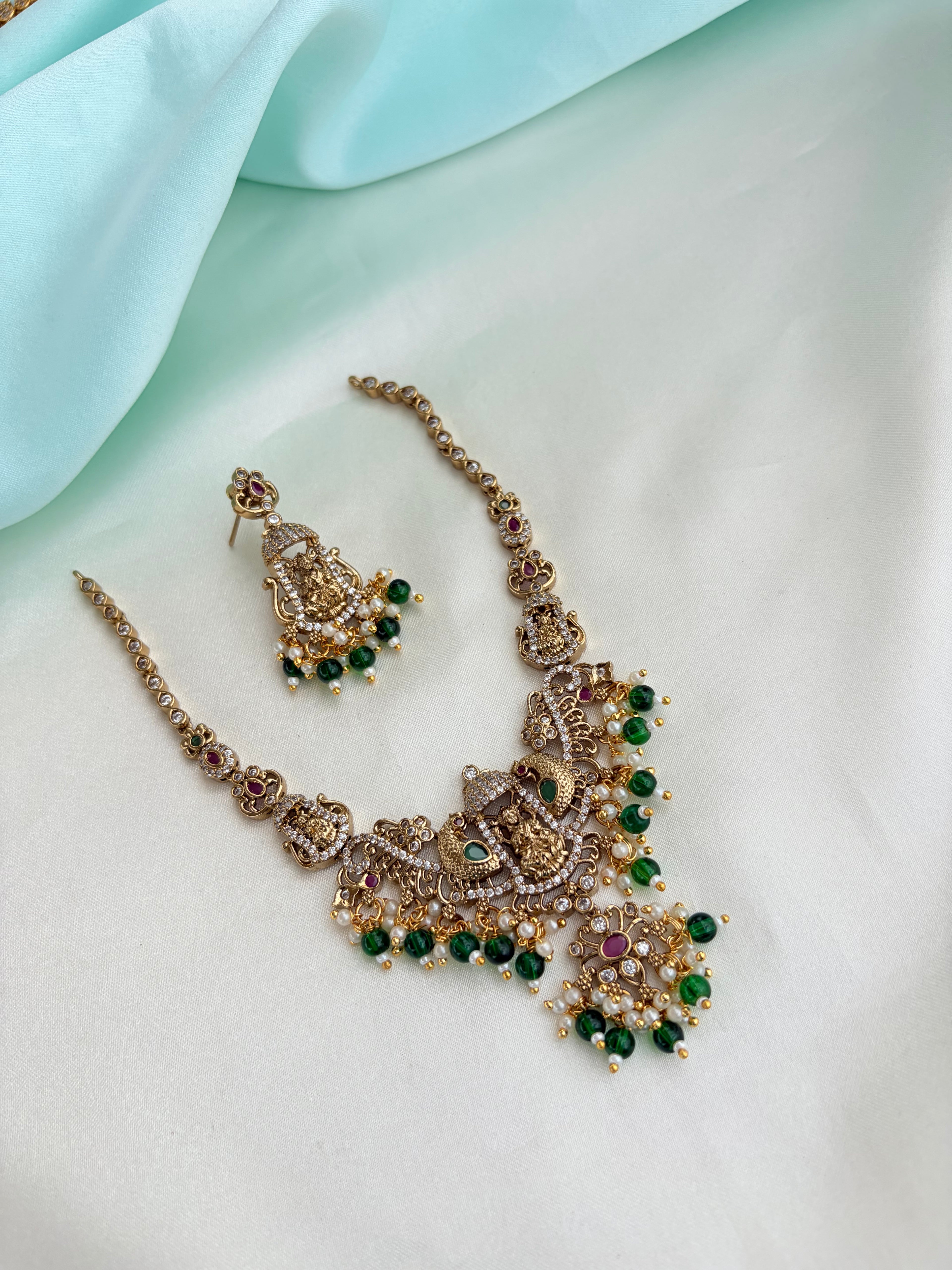 Premium Antique Finish Goddess Lakshmi CZ and Emerald Green beaded Short Neckset Ns839