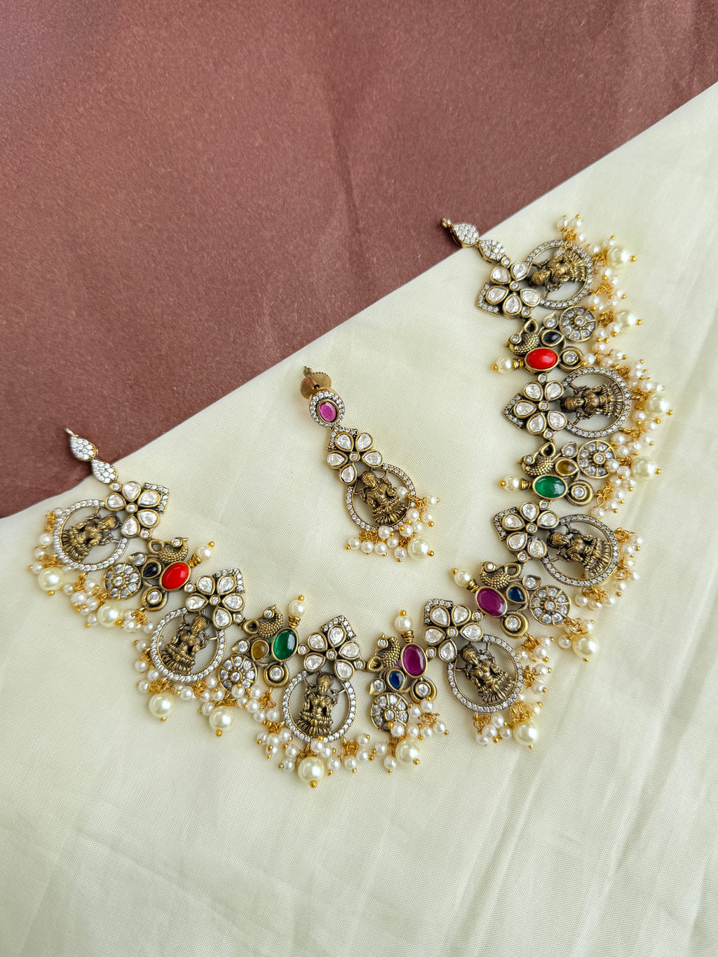 Ns281 multi moissanite Lakshmi Devi neckset with earrings