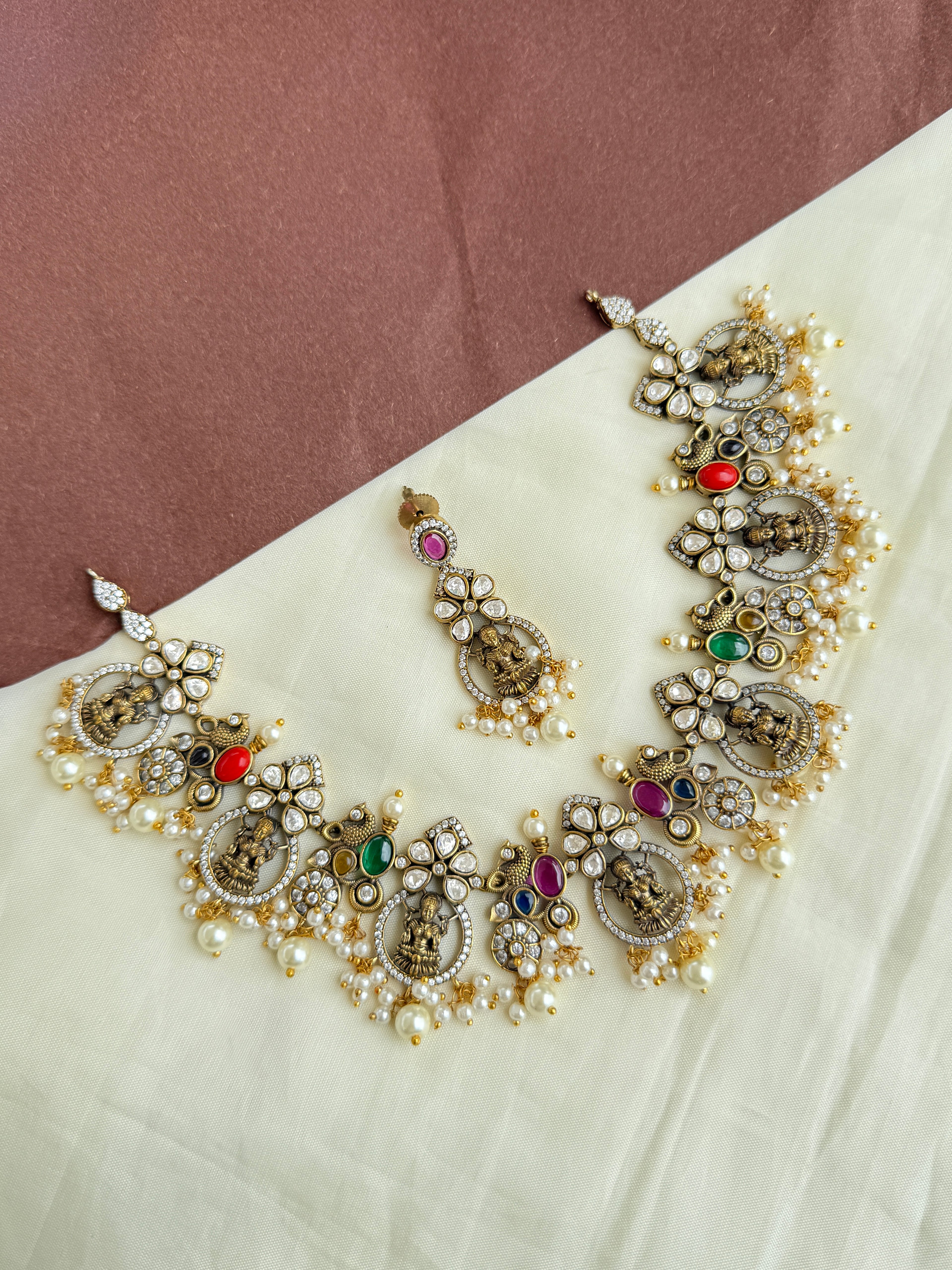 Ns281 multi moissanite Lakshmi Devi neckset with earrings