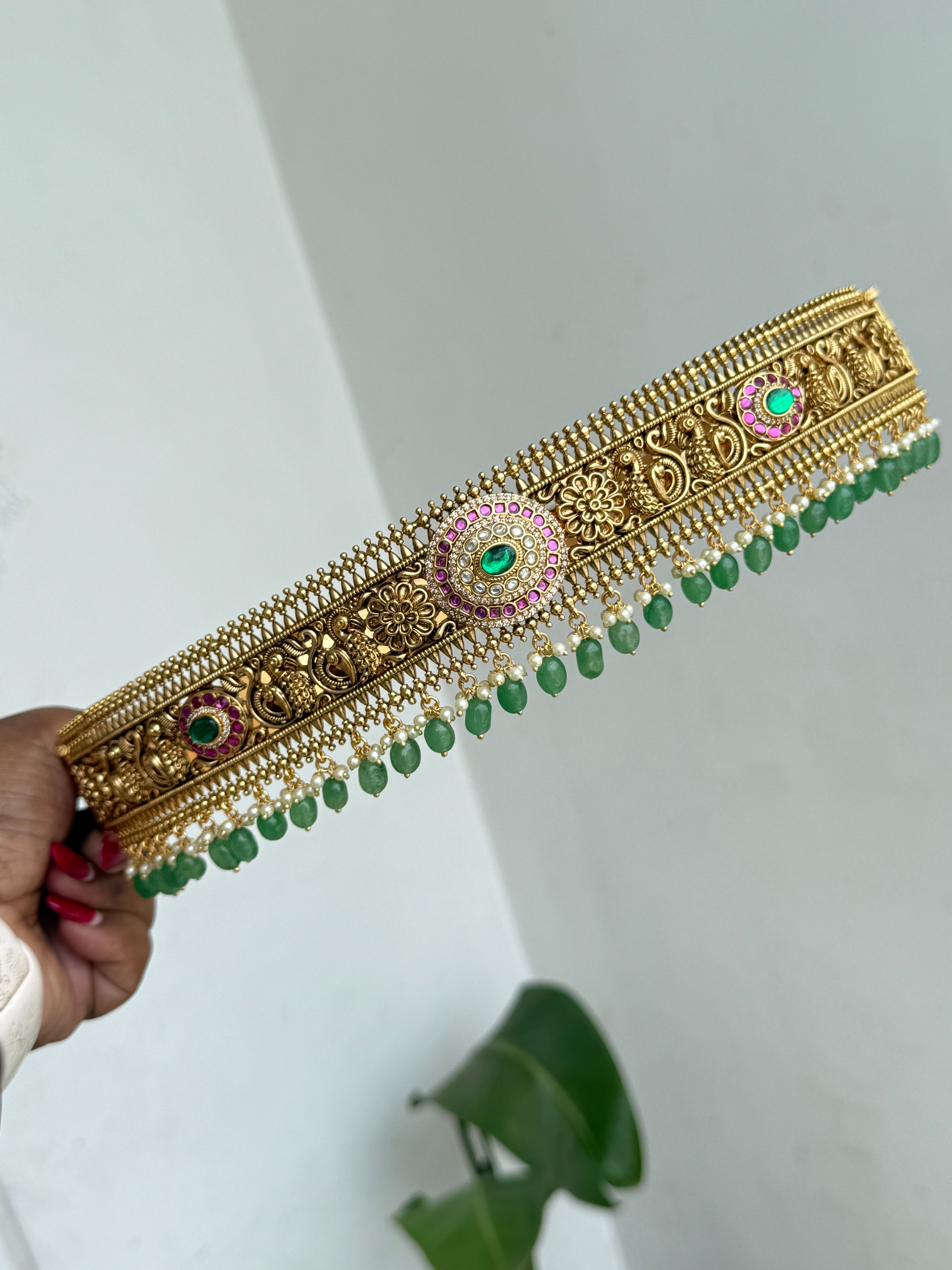 Hb668 adults texture jadau kundan hipbelt with light green beads