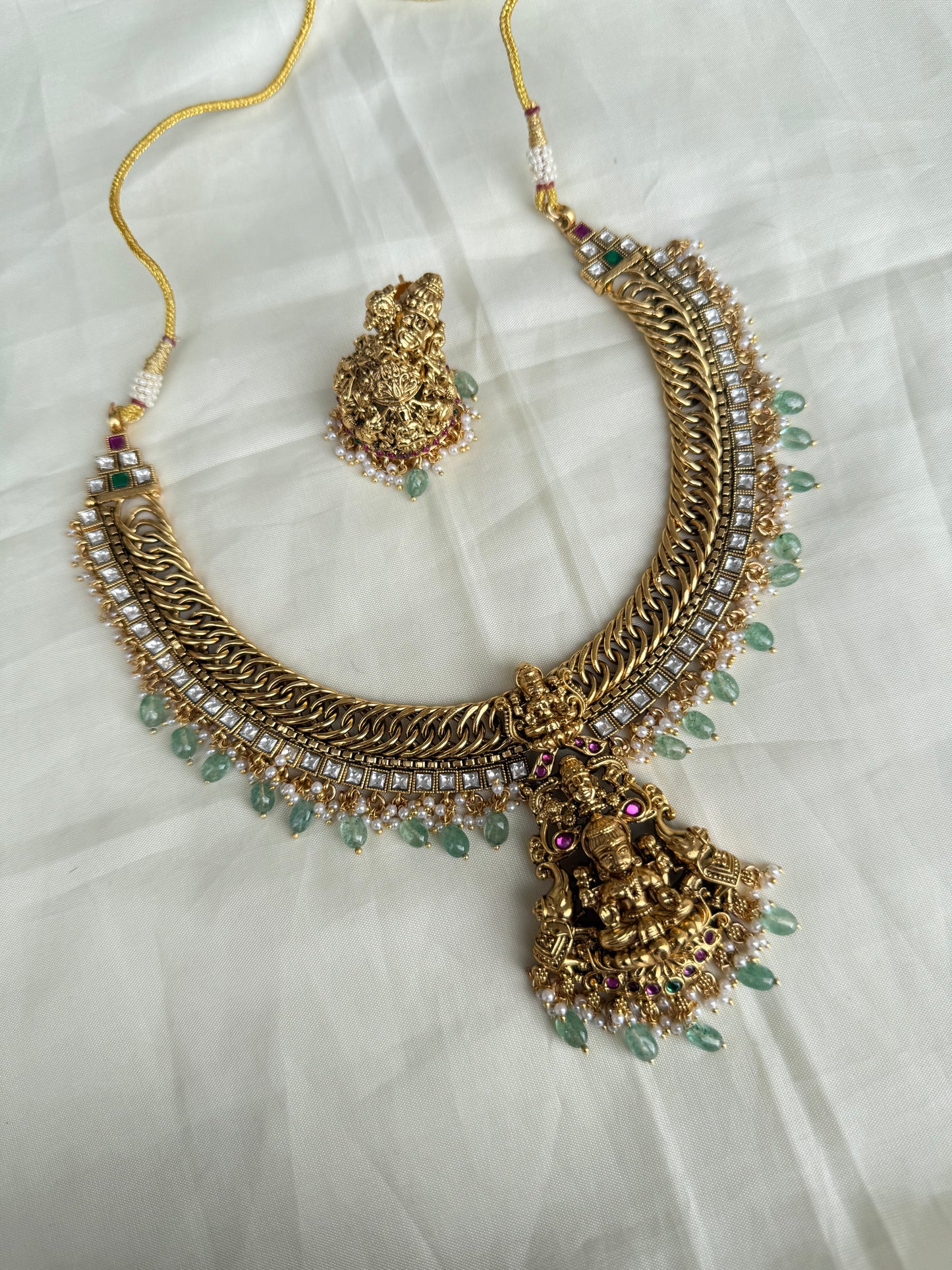 Lakshmi Devi multi green beads jalebi Neckset