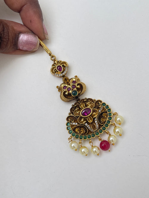 Antique nakshi ruby maang tikka tk524