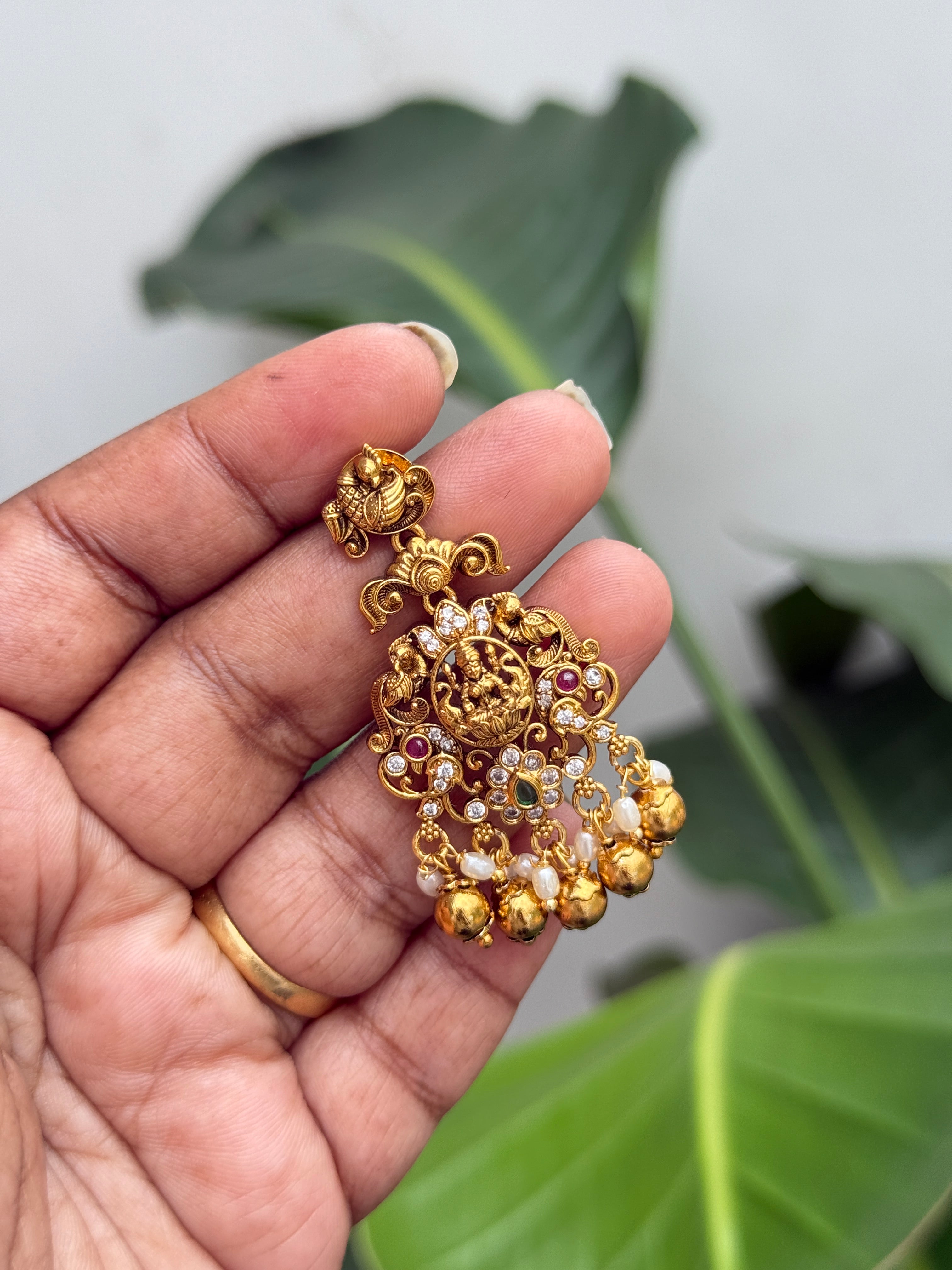 Er89 gold balls Lakshmi Devi chandbali earrings