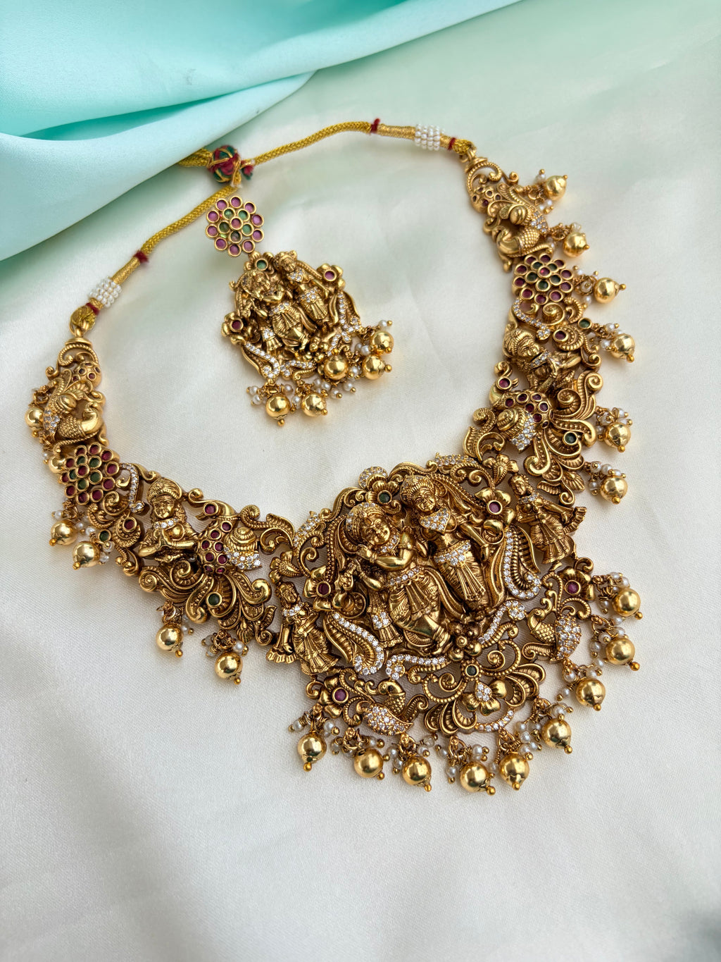 Premium Antique Gold Radha Krishna Neckset with Pearl Drops with Earrings Ns221
