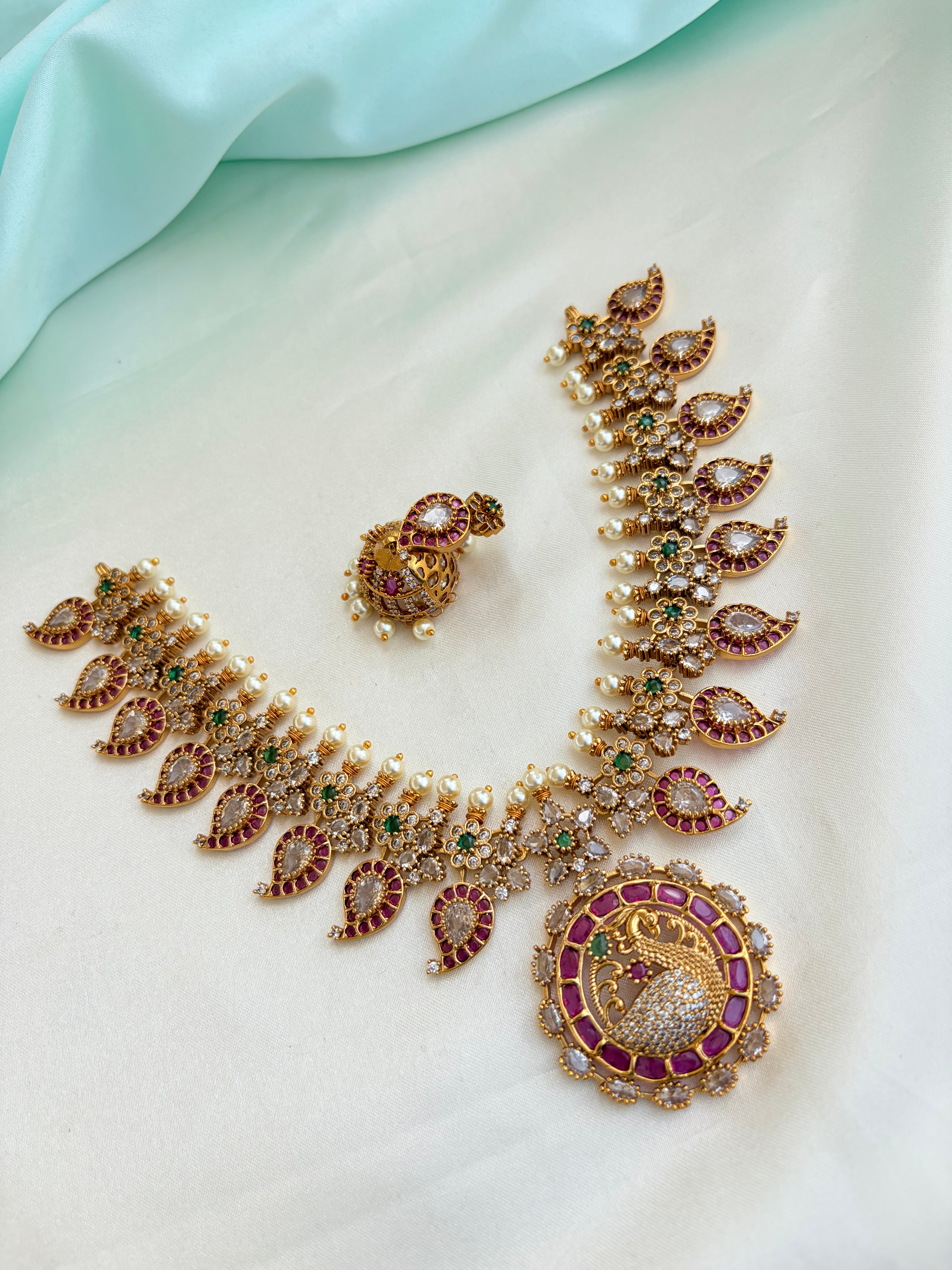 Royal Peacock Ruby & Emerald Kundan Neckset with Earrings Ns859