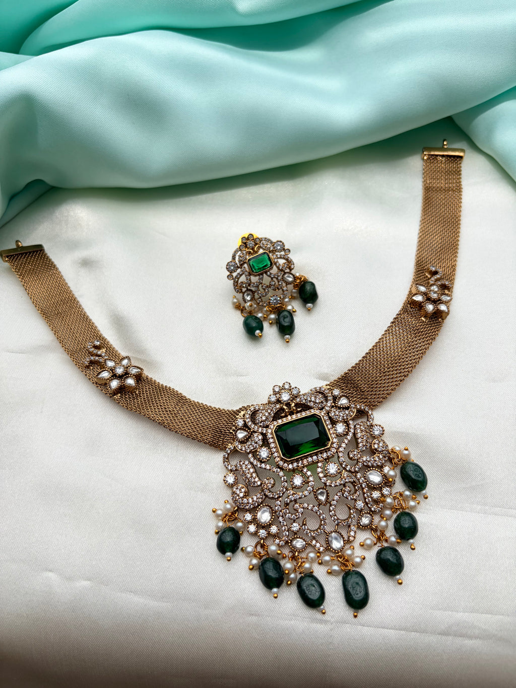Ns959 stones green pendant green beads nano thread short neckset with earrings