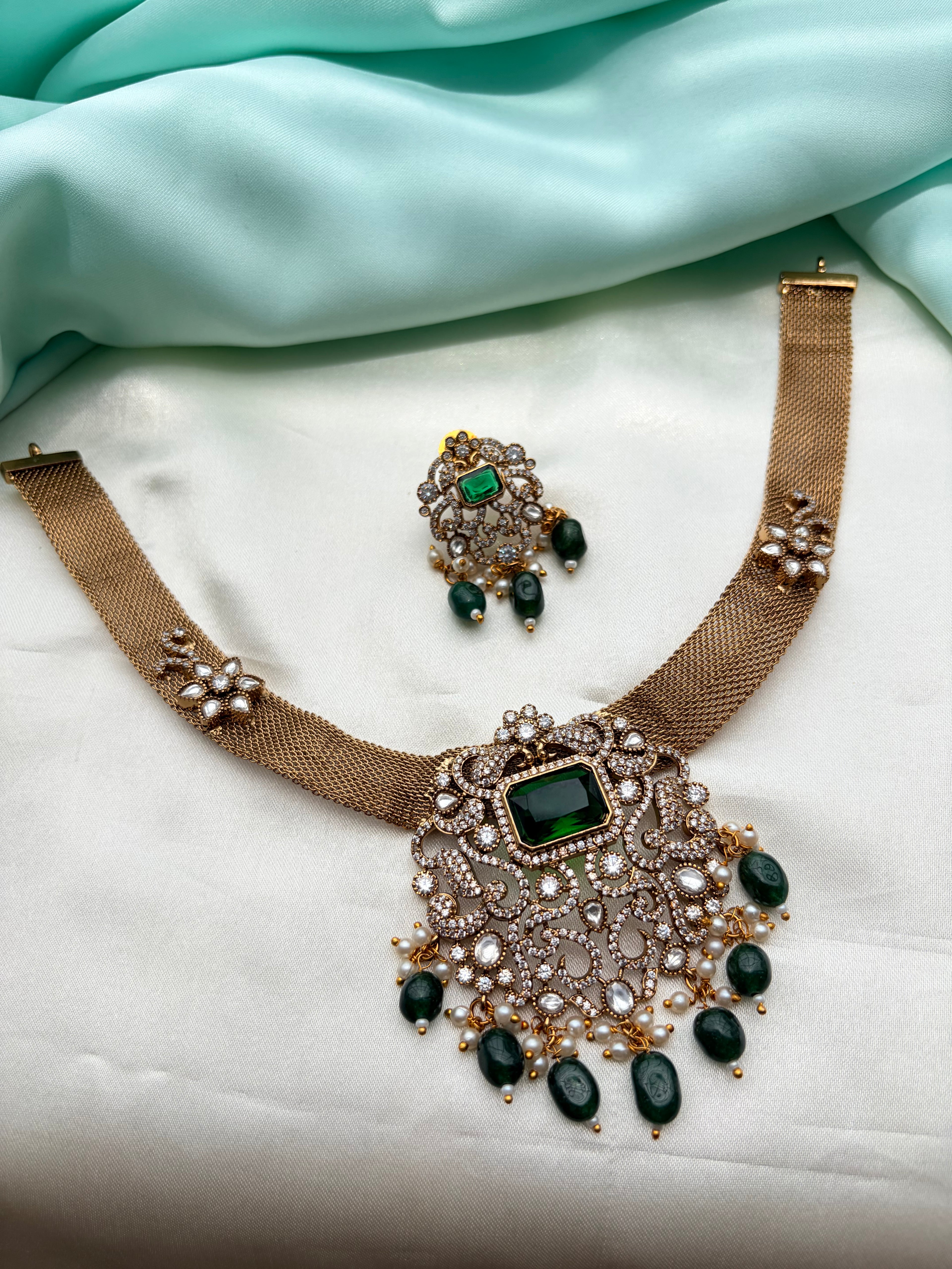 Ns959 stones green pendant green beads nano thread short neckset with earrings