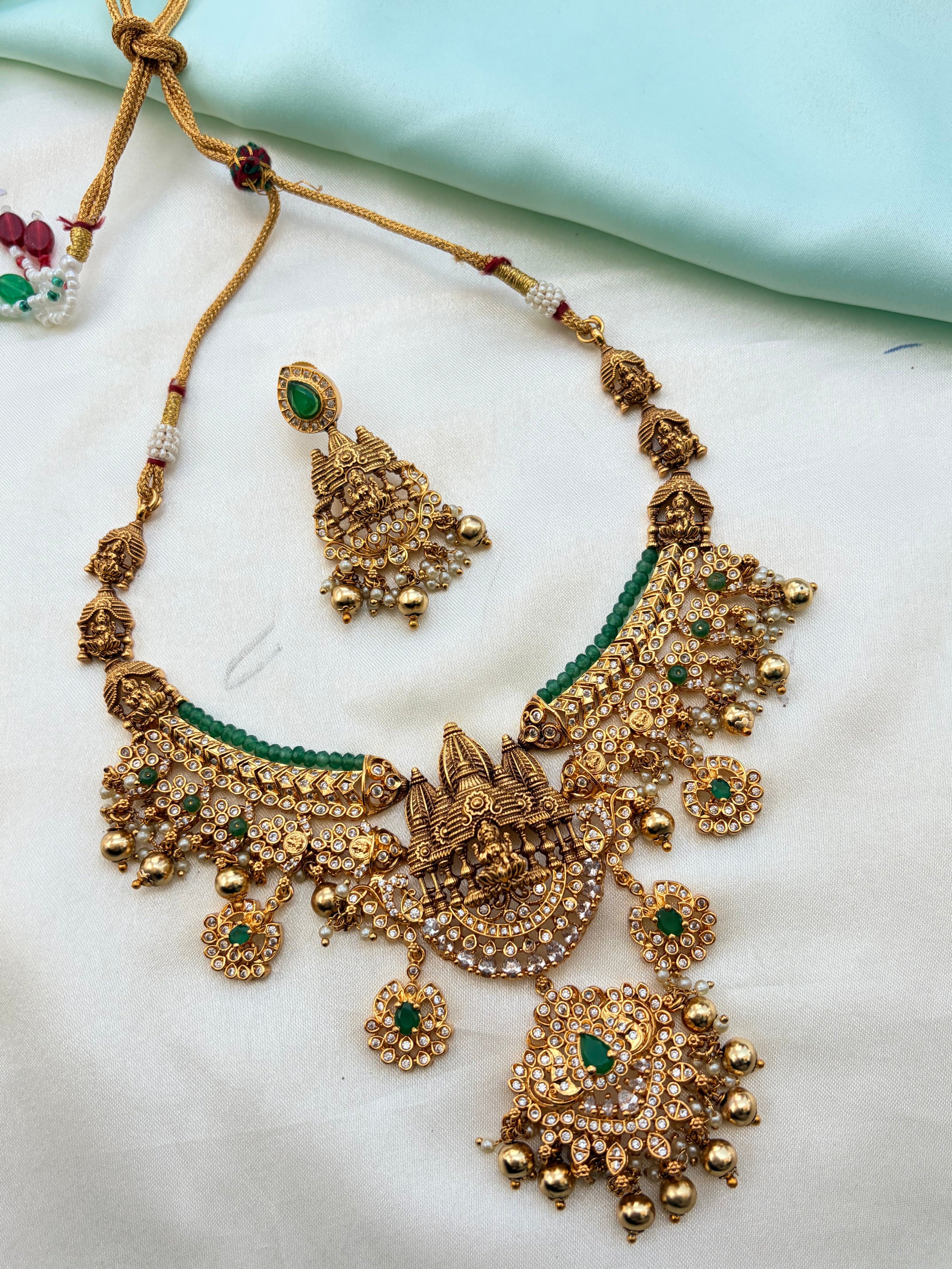 Lakshmidevi stones with gold balls short Neckset  with earrings ns951