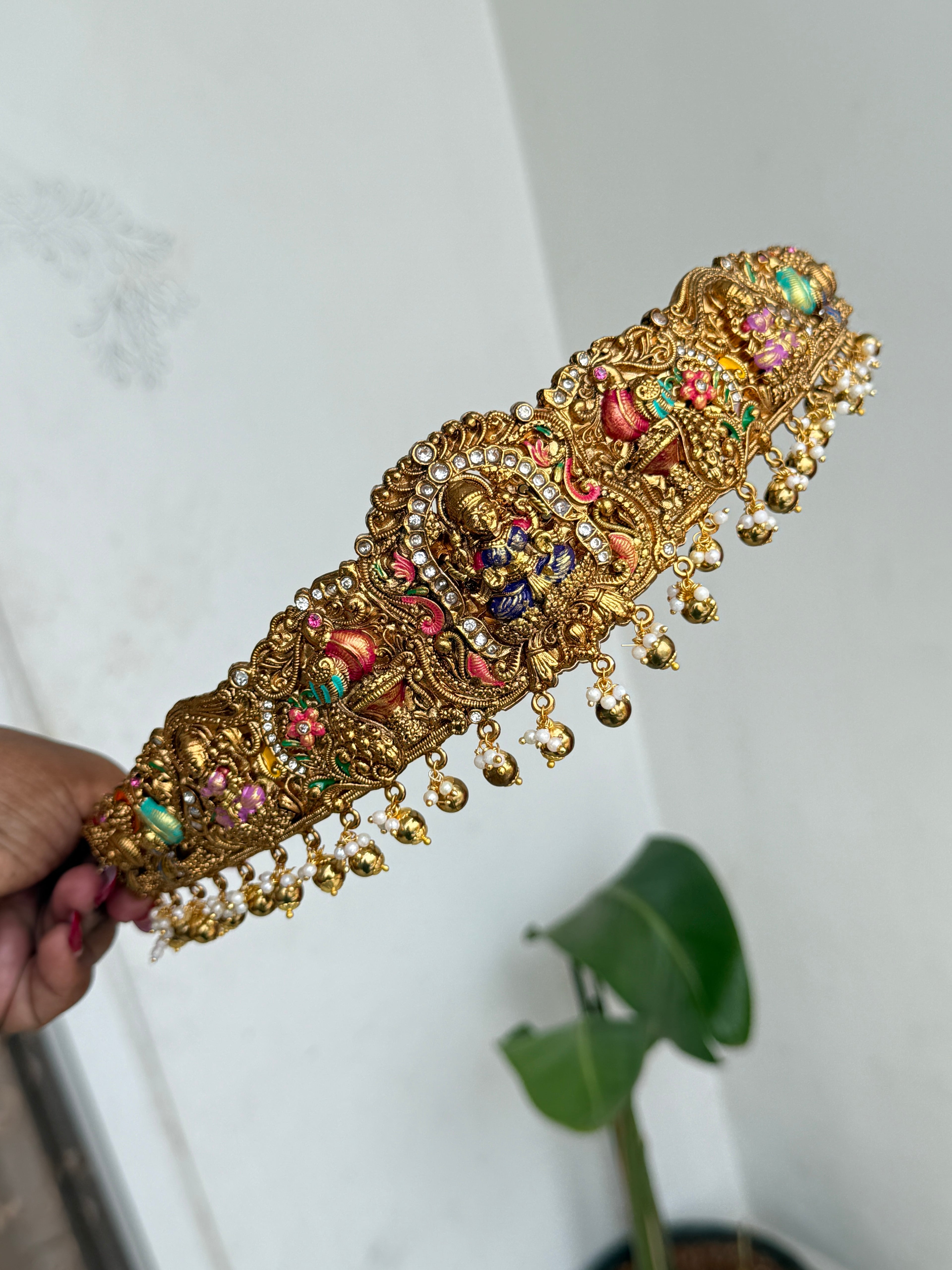 Hb665 adults texture meenakari lakshmi devi hipbelt with gold balls