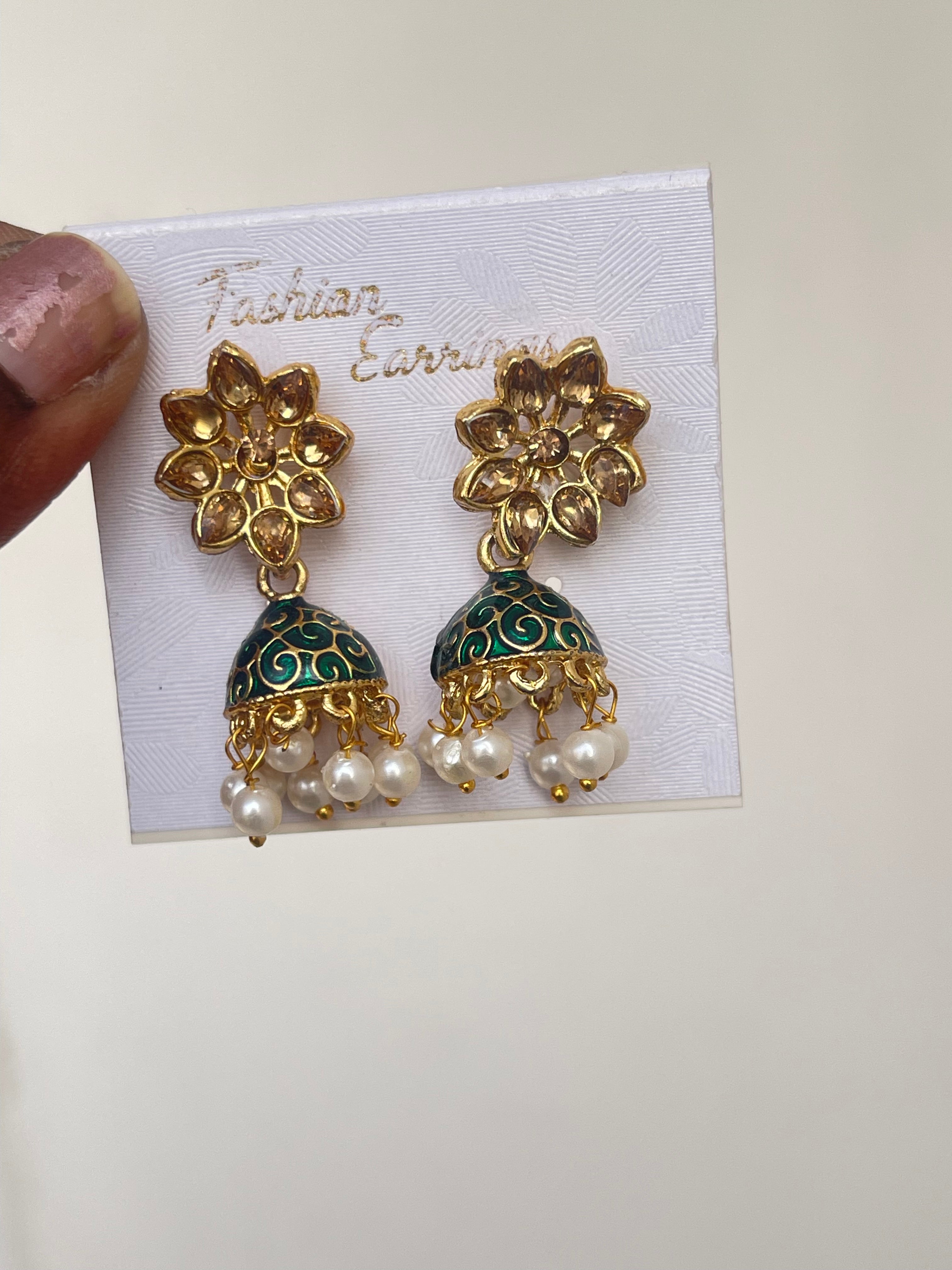 Small size Meenakari Earrings in green grey