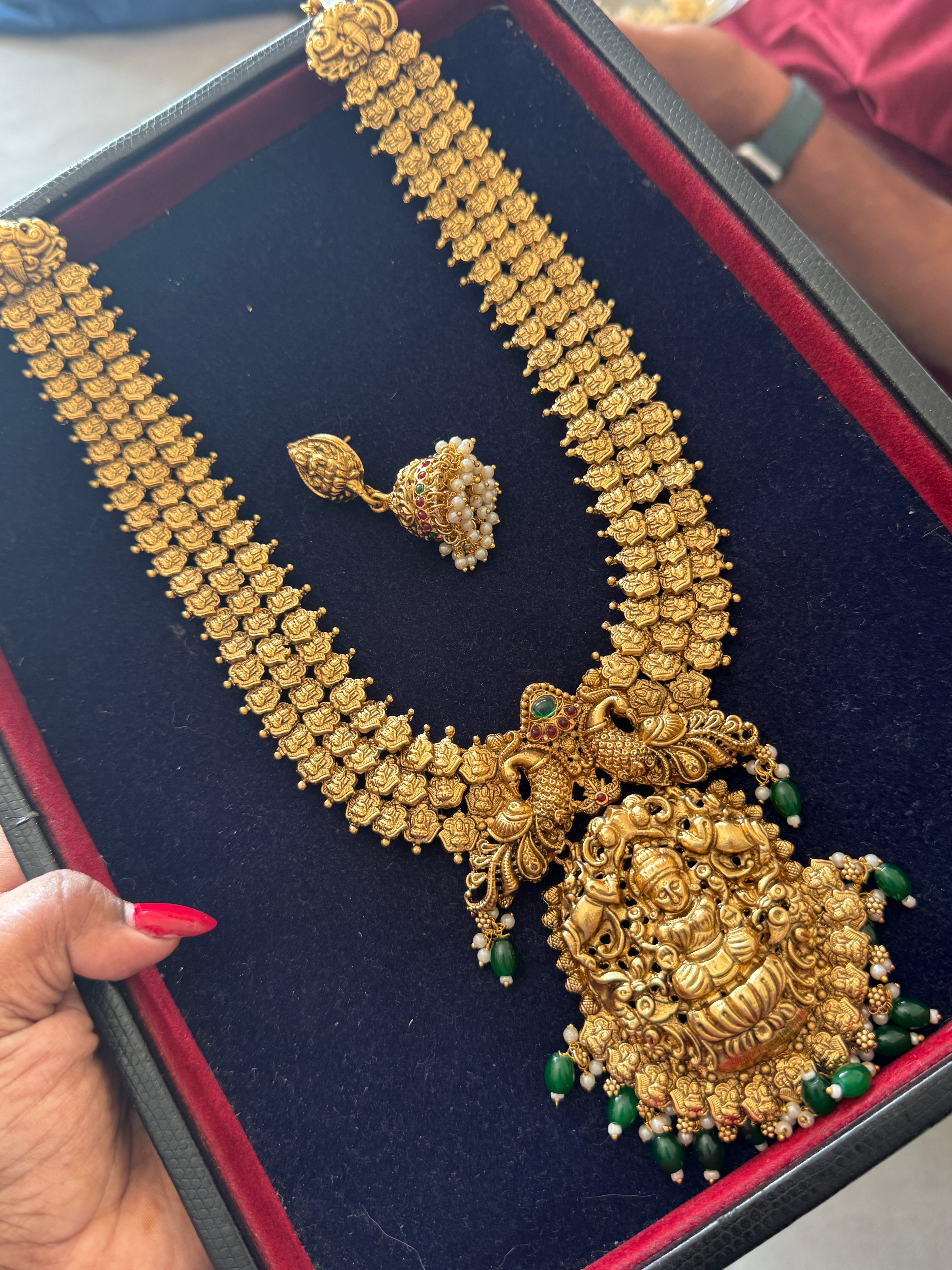 Lh594 lakshmidevi green beads long haram