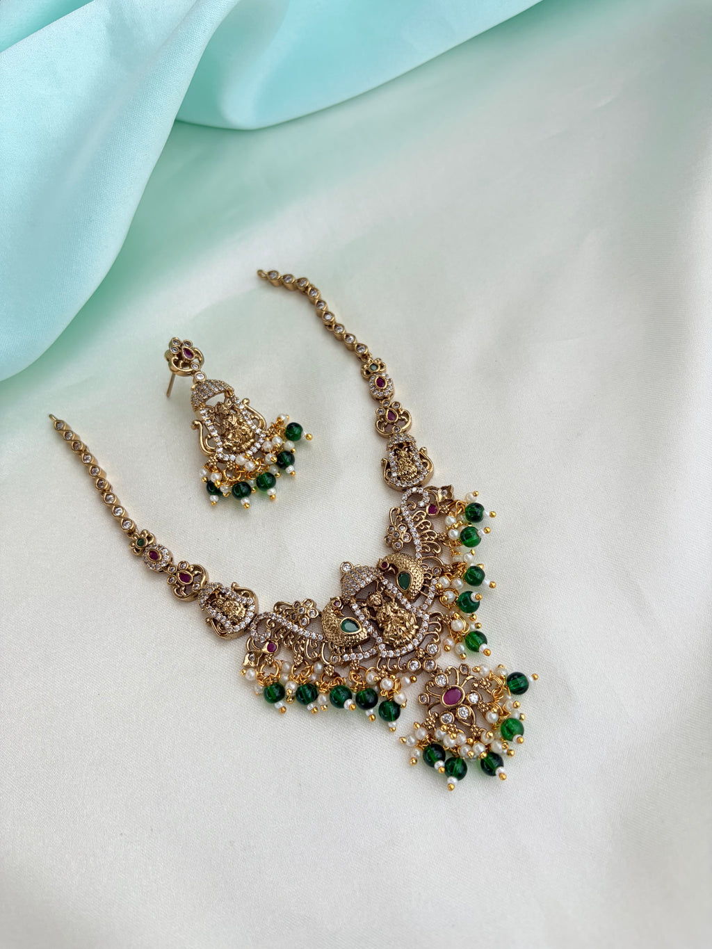 Premium Antique Finish Goddess Lakshmi CZ and Emerald Green beaded Short Neckset Ns839