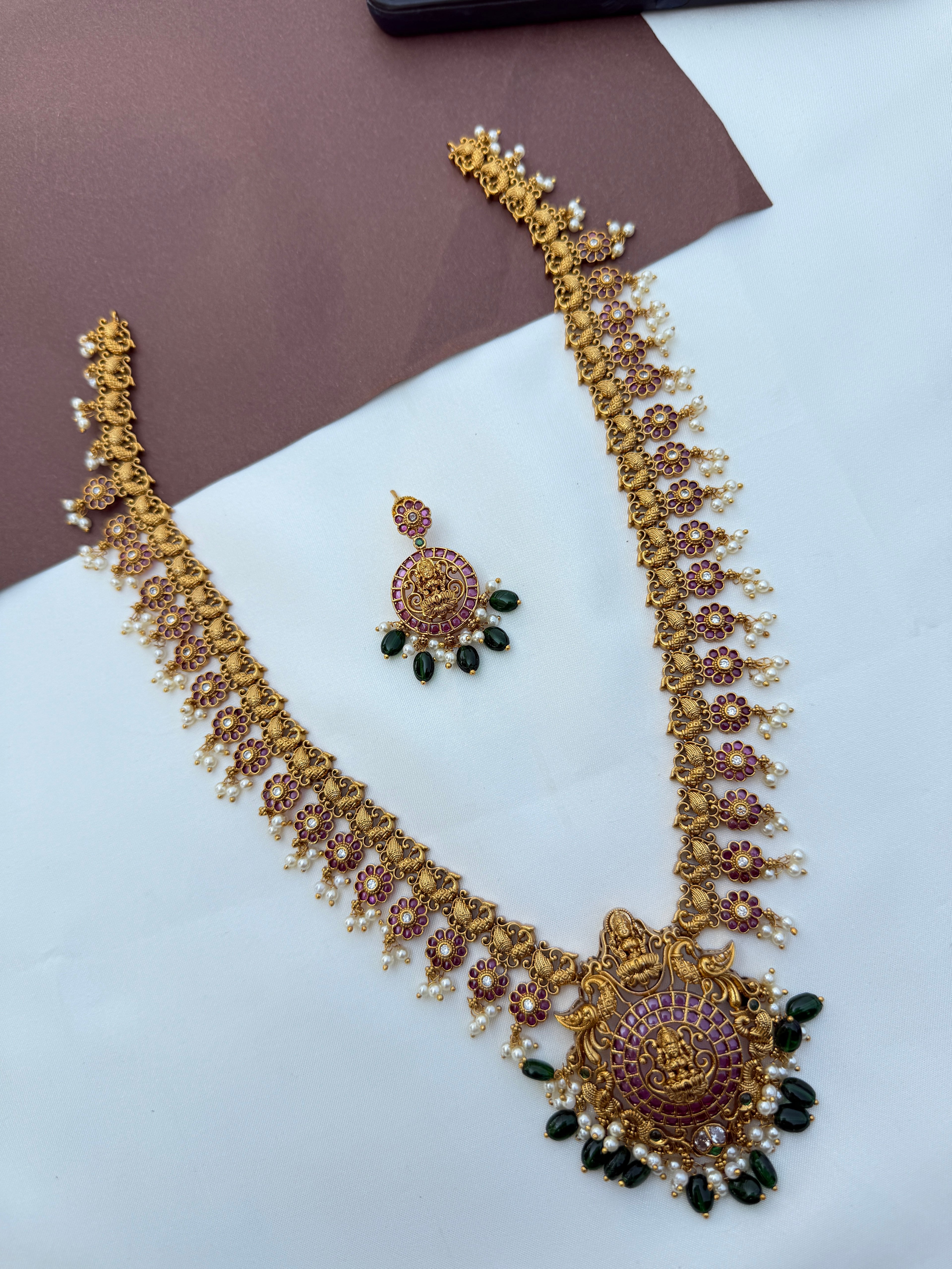 Lh570 Lakshmidevi peacock kemp long haram with green beads