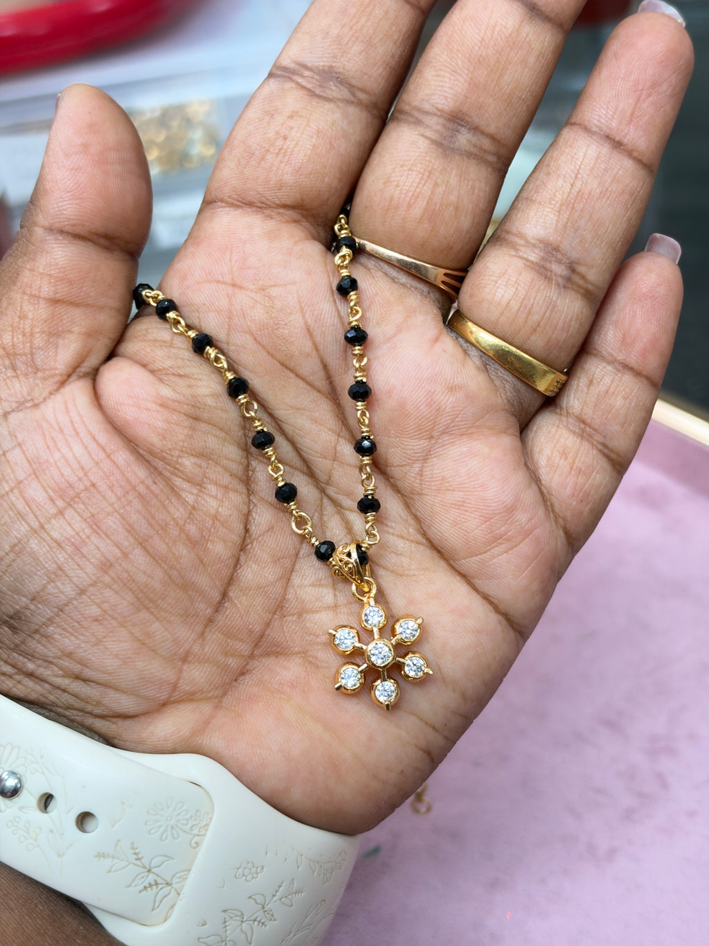 Bb403 panchaloham polished pendant with unpolished 16 to 18 inches black beads