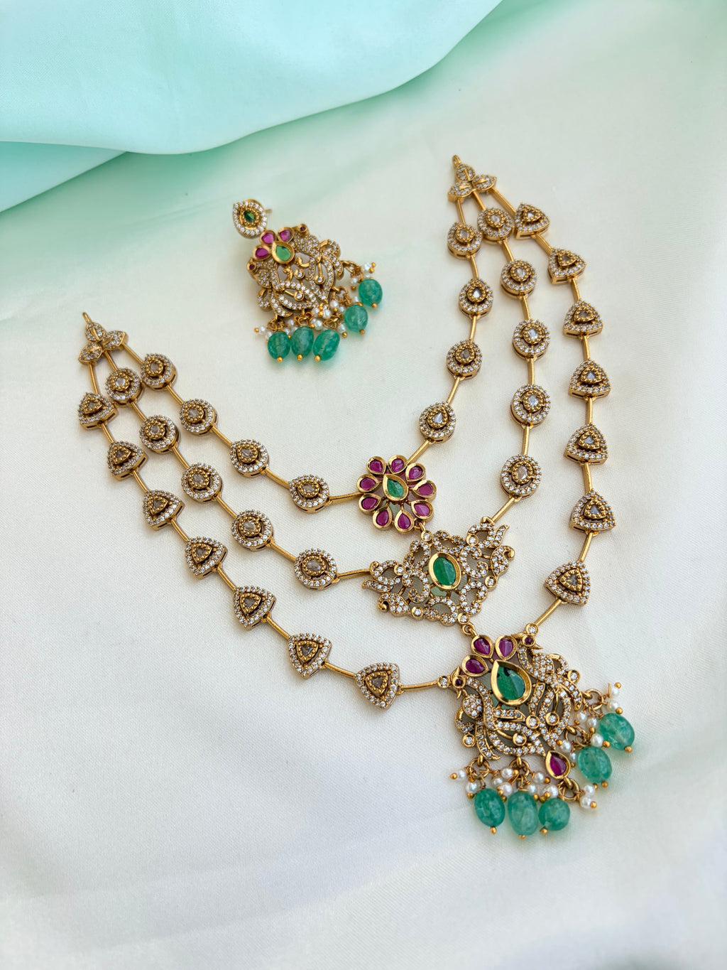 3-Layer Antique Gold Polish CZ Haram Set with Emerald Green & Ruby Pink Accents with Earrings Ns216