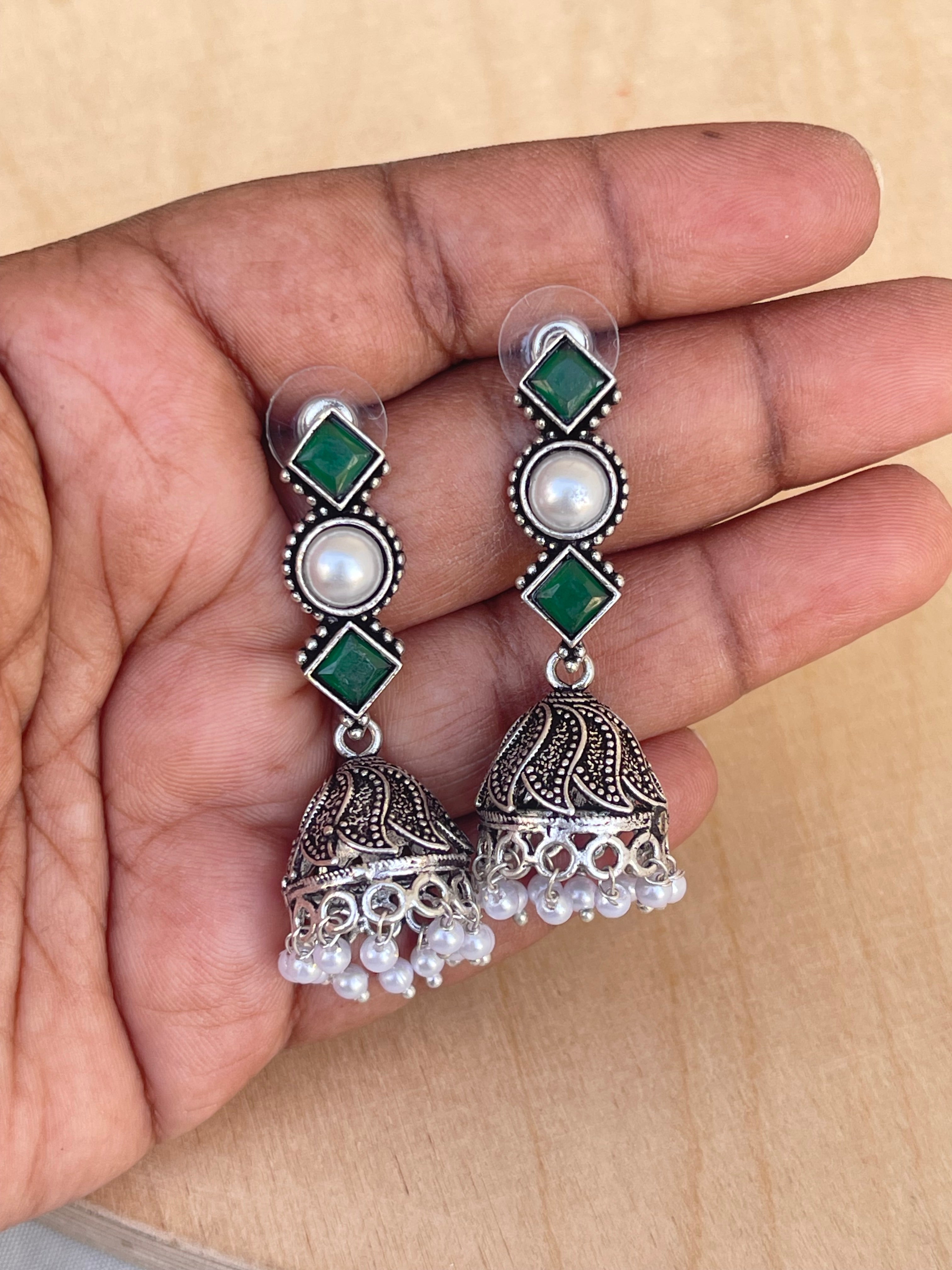 Lightweight pearl ruby green oxidised earrings