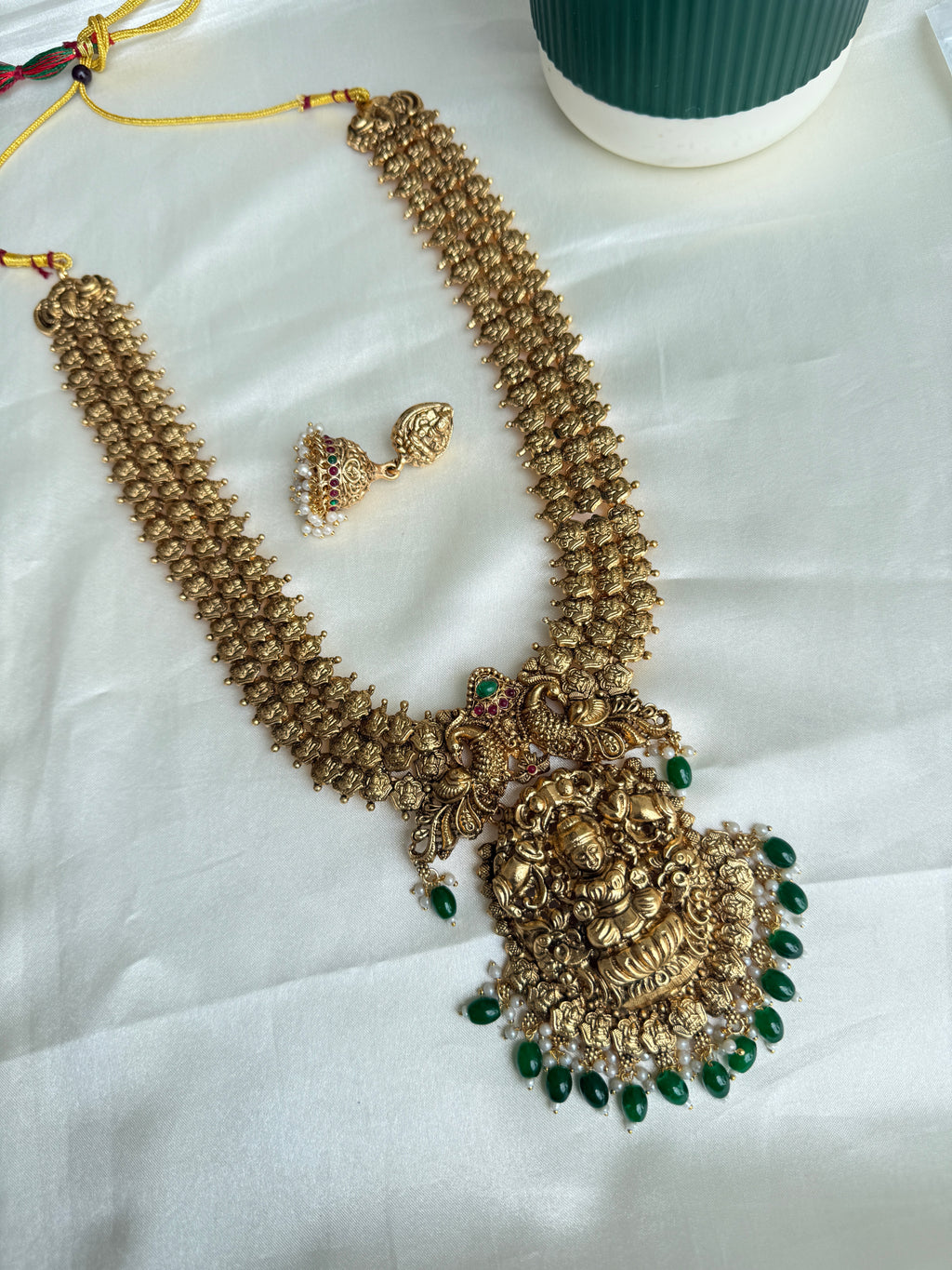 Lh594 heavy lakshmidevi green beads long haram(30 gms weight )