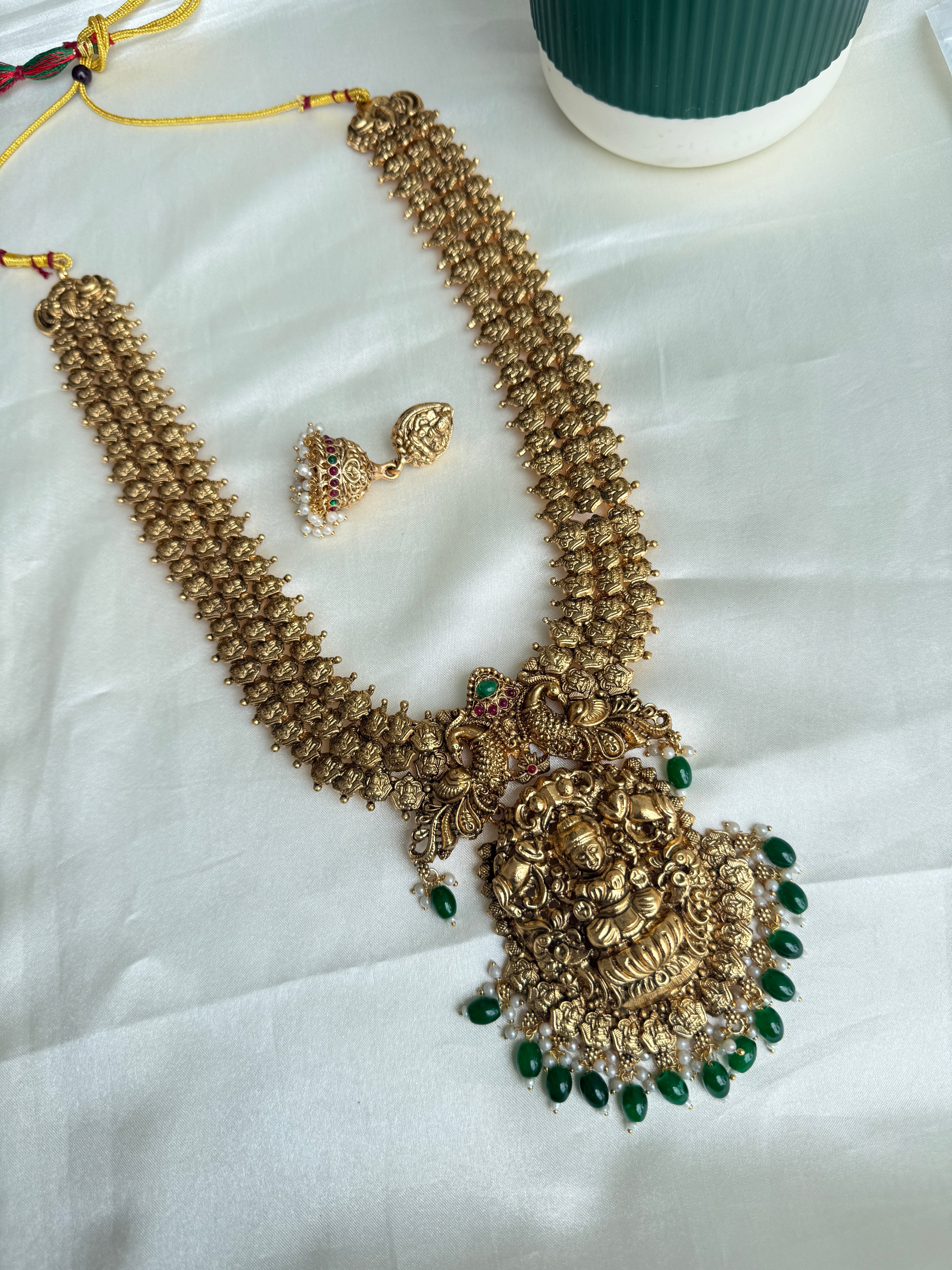 Lh594 lakshmidevi green beads long haram
