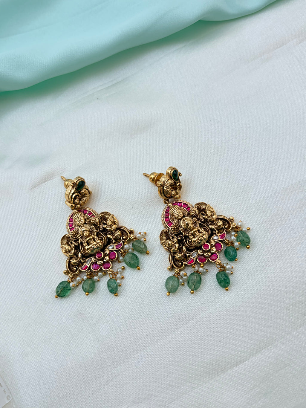 Jadau Kundan Lakshmidevi green beads back crew earrings er928