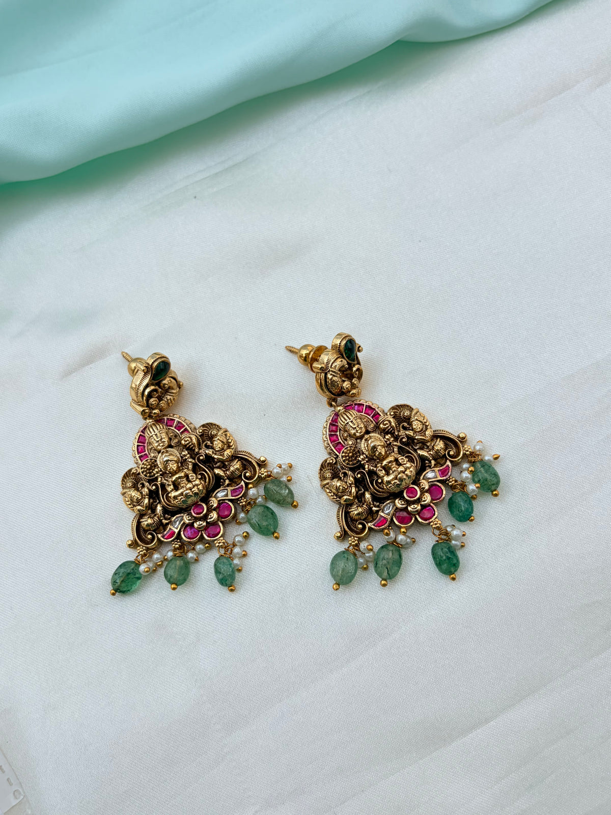 Jadau Kundan Lakshmidevi green beads back crew earrings er928
