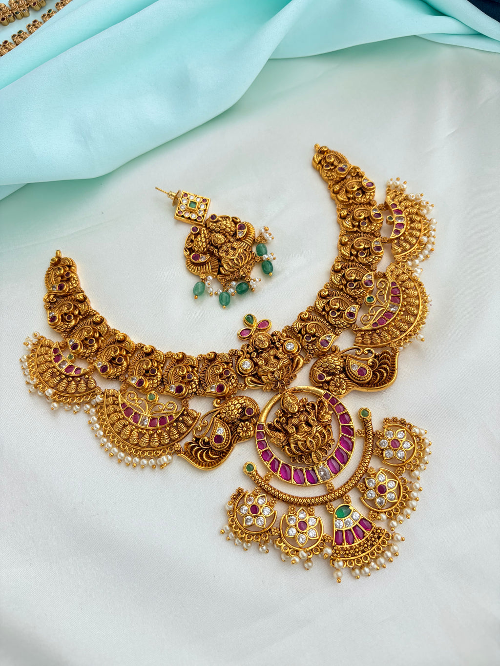 Nakshi Lakshmidevi Ruby Neckset of Pearl drops with Earrings Ns881