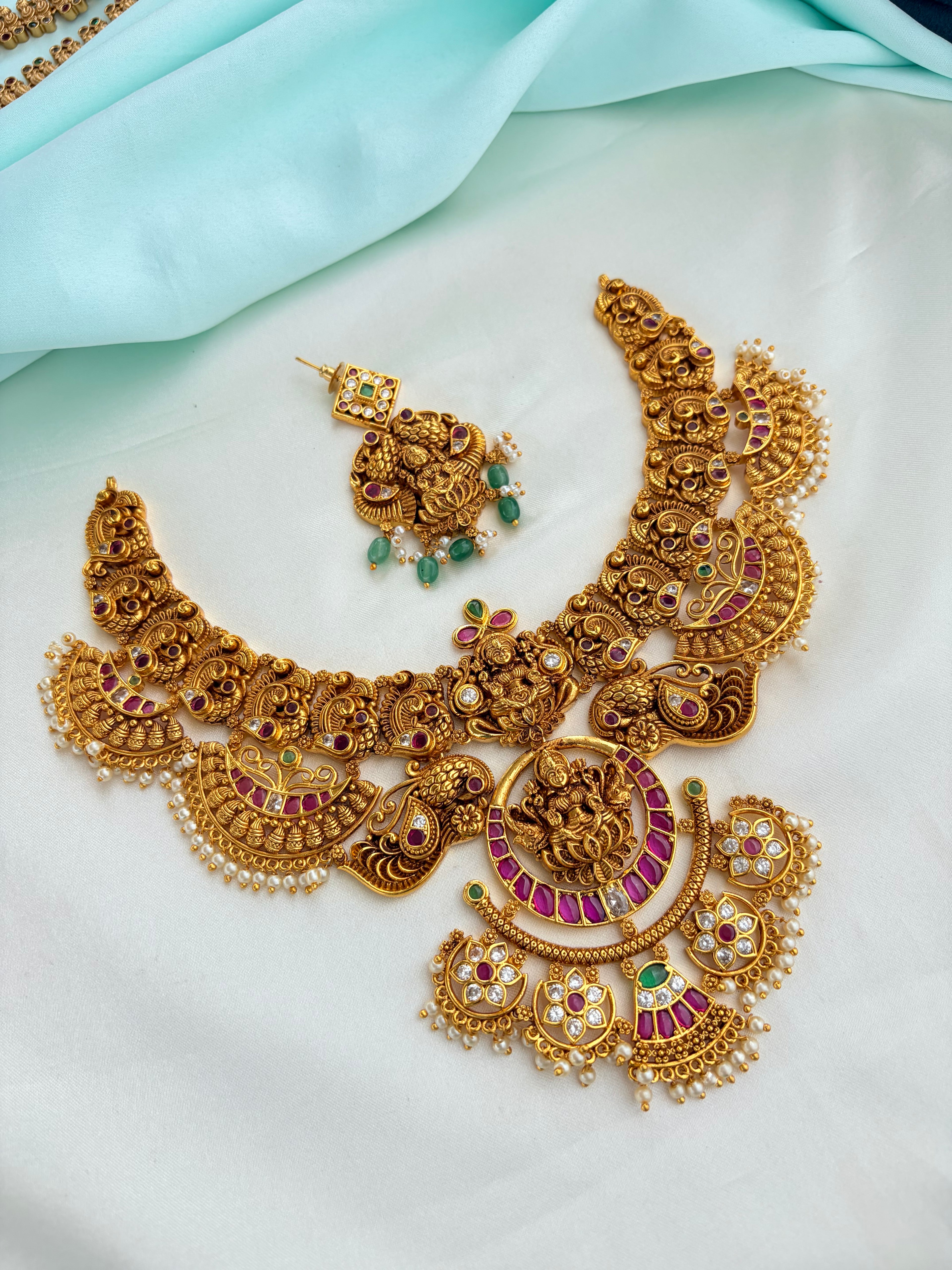 Nakshi Lakshmidevi Ruby Neckset of Pearl drops with Earrings Ns881