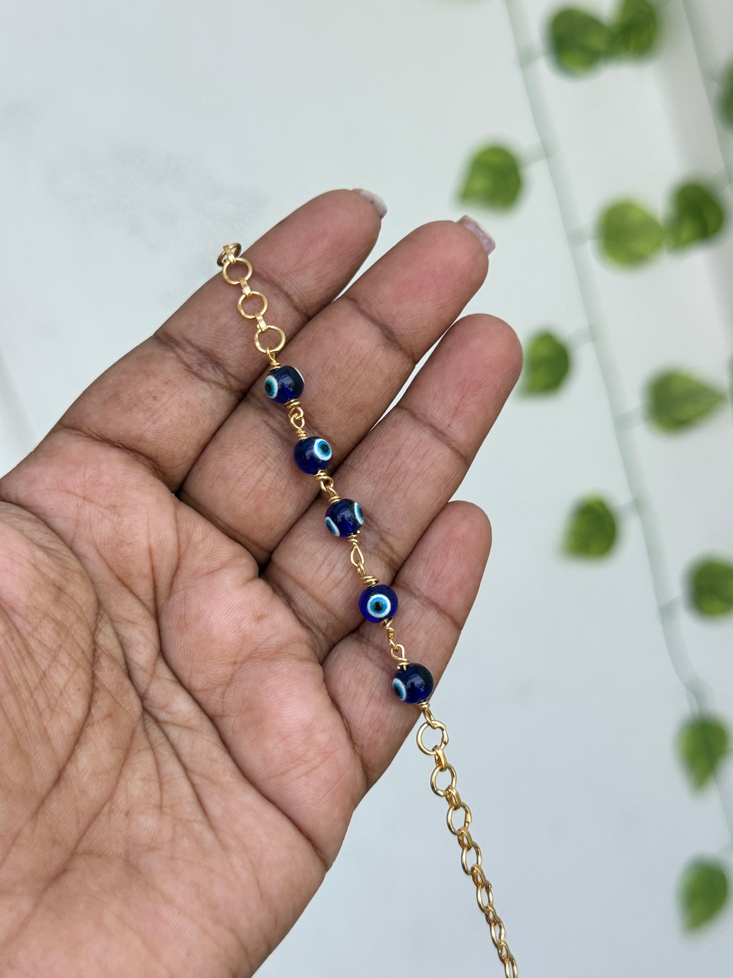 Ph147 panchaloham polished 5 evileye 7.5inches adjustable chains bracelet