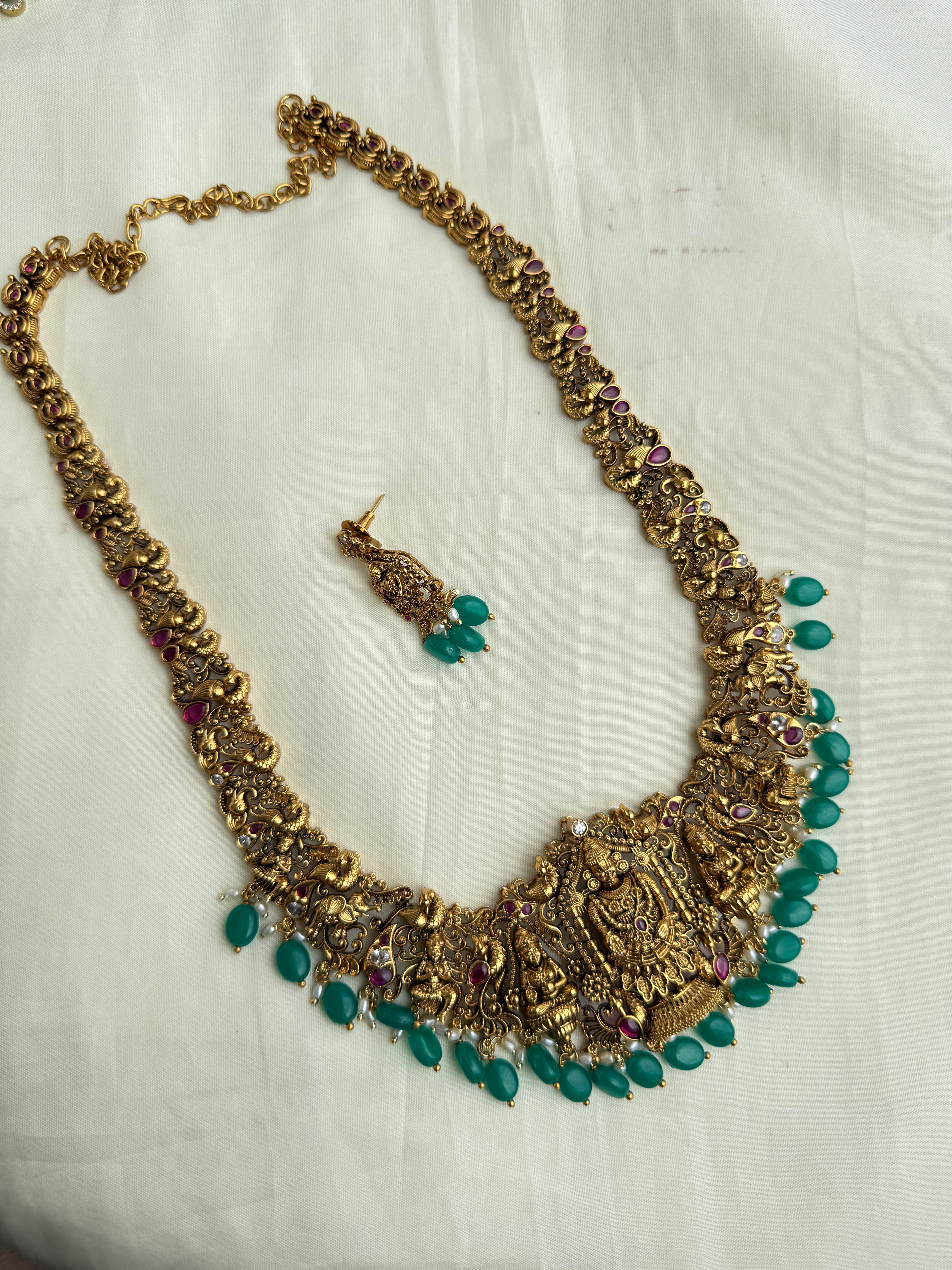 Lh2021 Lakshmi Devi green beads long haram