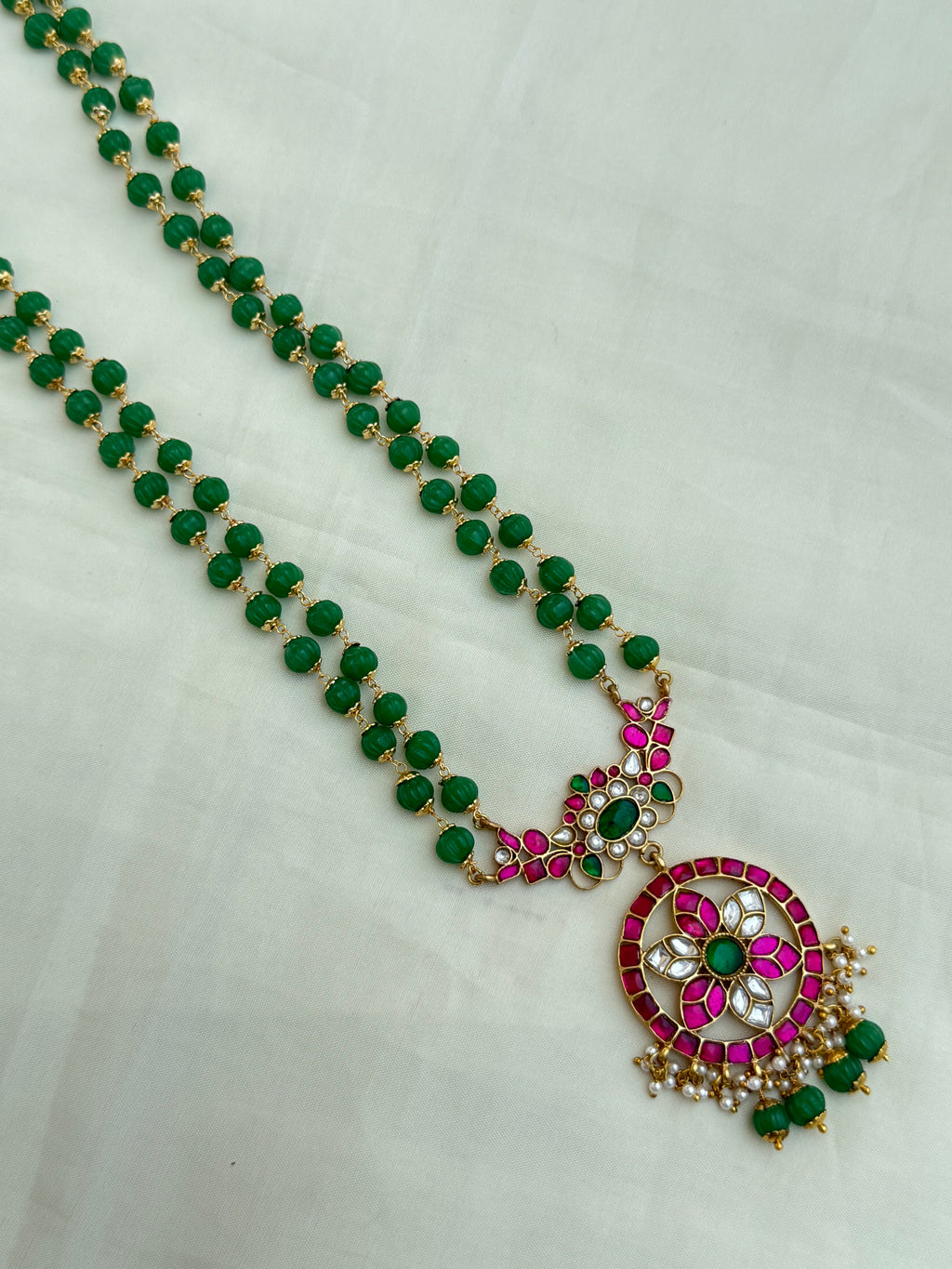 Jk008 2 lines pumpkin beads with jadau Kundan pendant