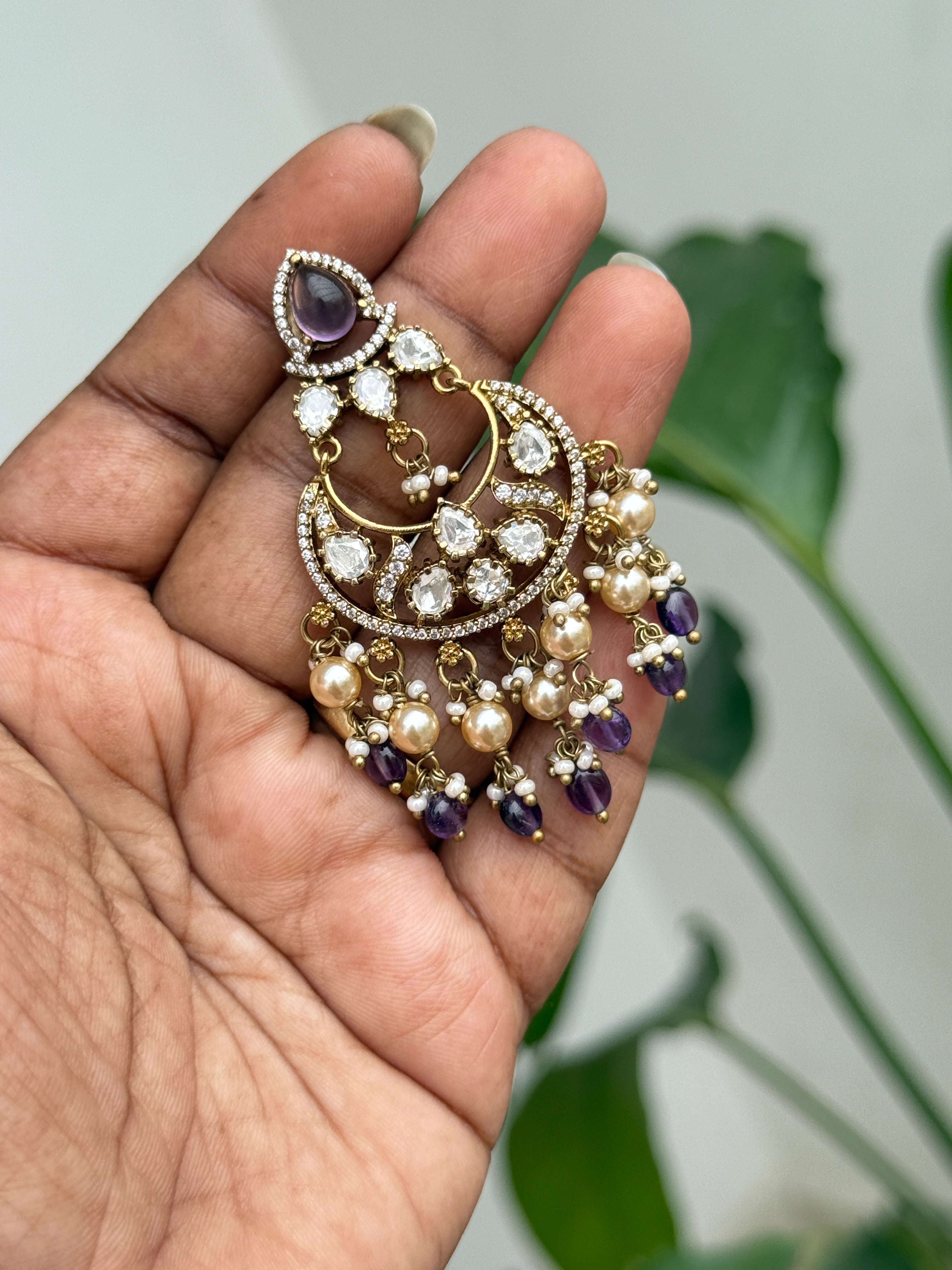 Er117 purple moissanite chandbali earrings