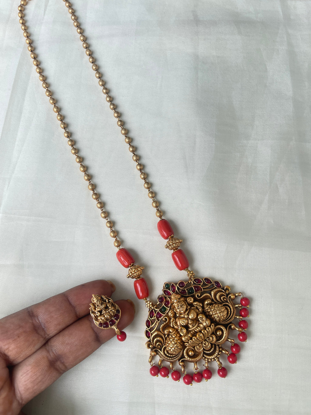 Corals Lakshmi devi pendant ball chain with earrings cc001