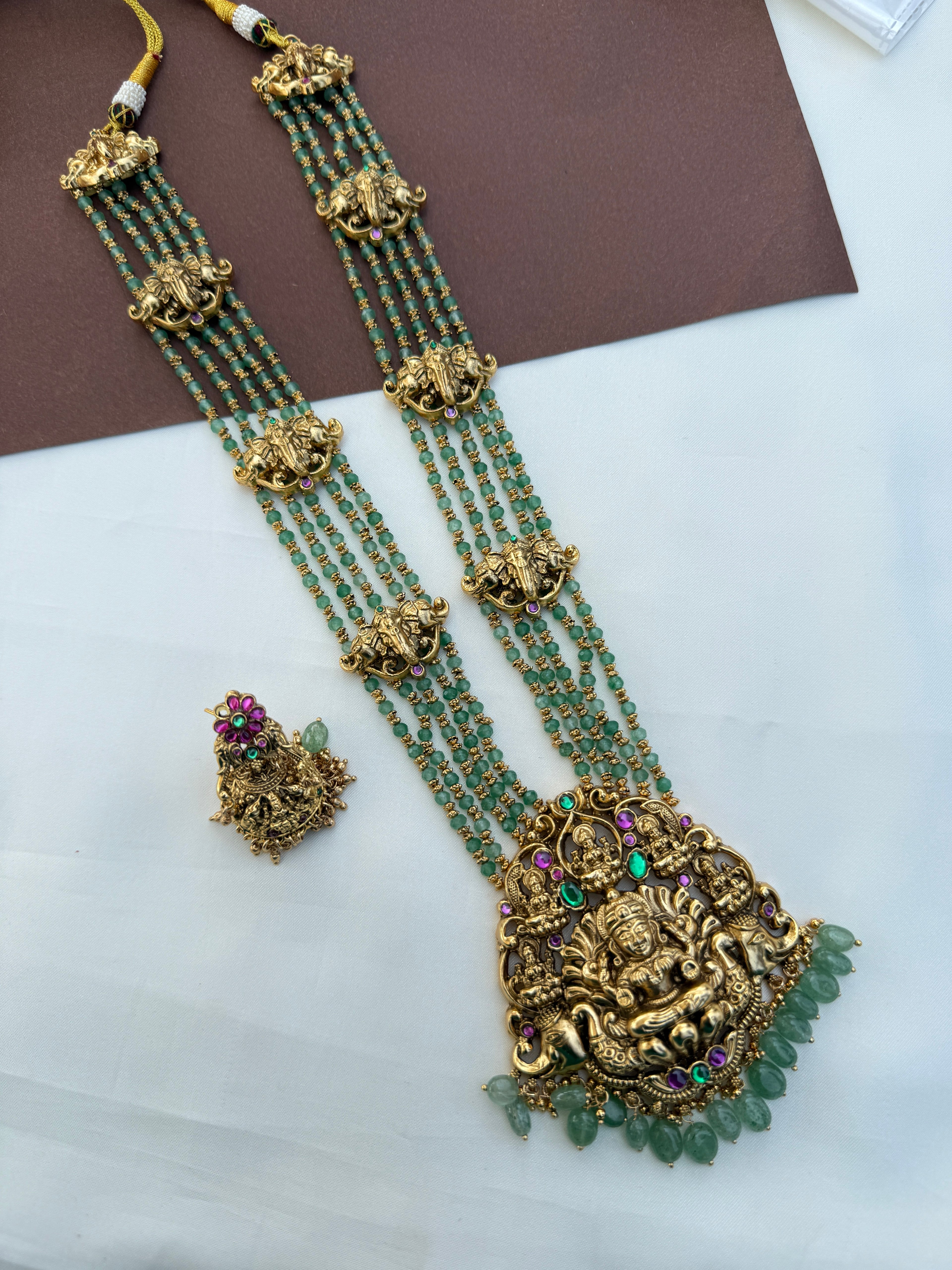 Ns724 jadau kundan lakshmidevi with green beads neckset