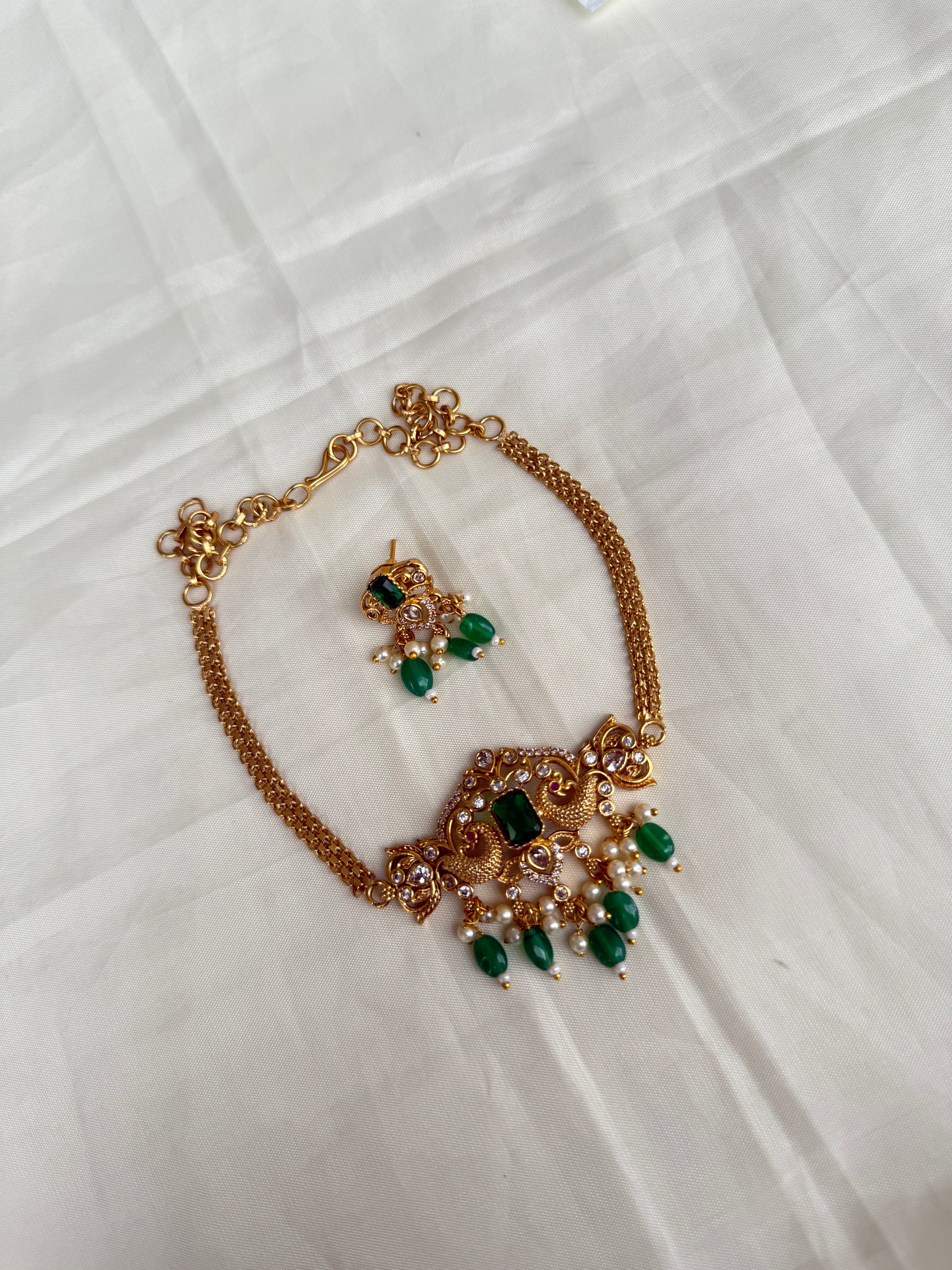 Dual peacock green beads choker with Earrings ch003