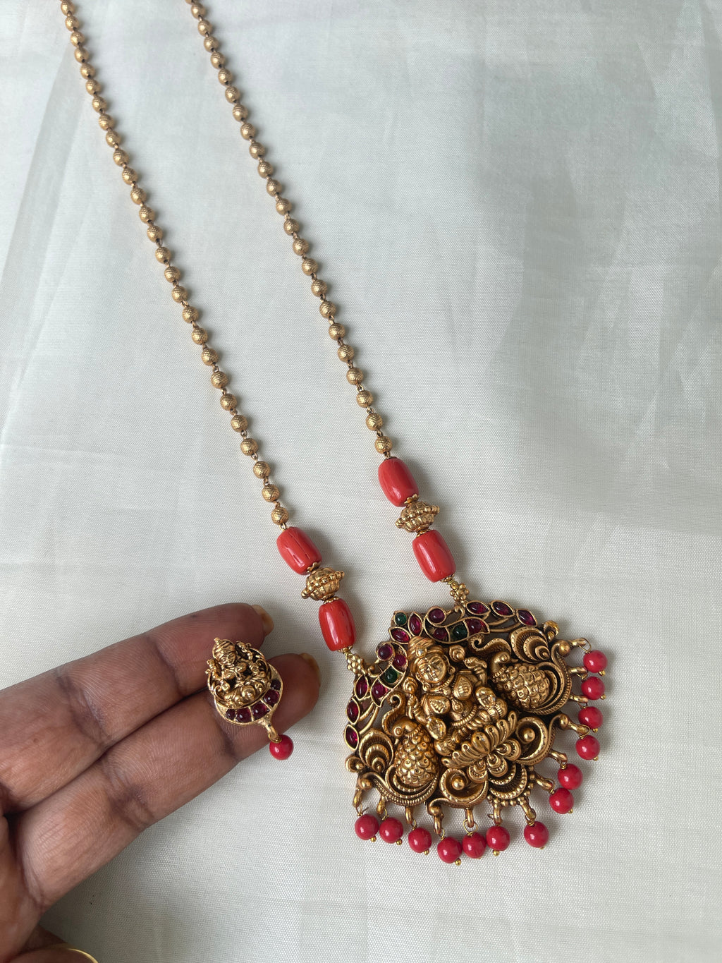 Corals Lakshmi devi pendant ball chain with earrings cc001