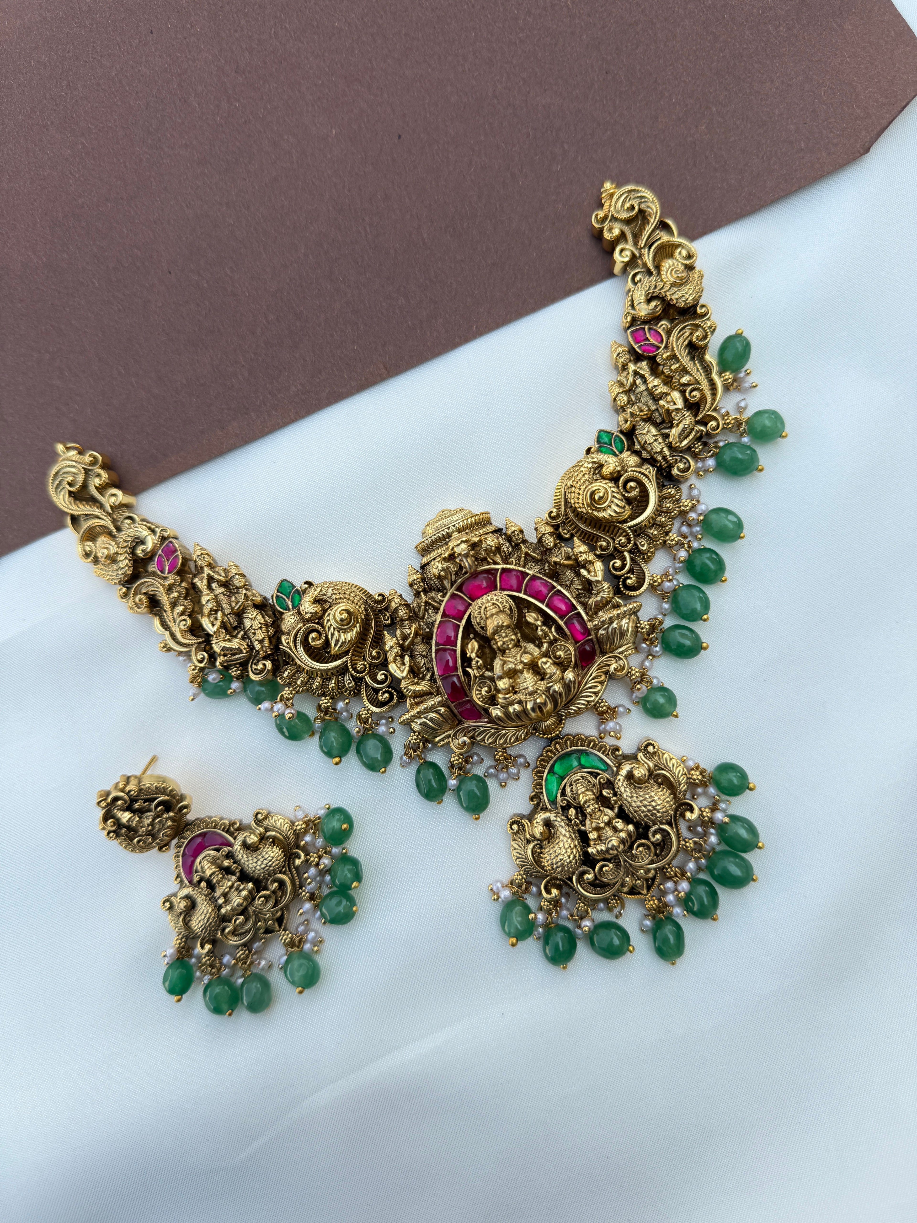 Ns629 Lakshmidevi elephant nakshi jadau kundan neckset with green beads