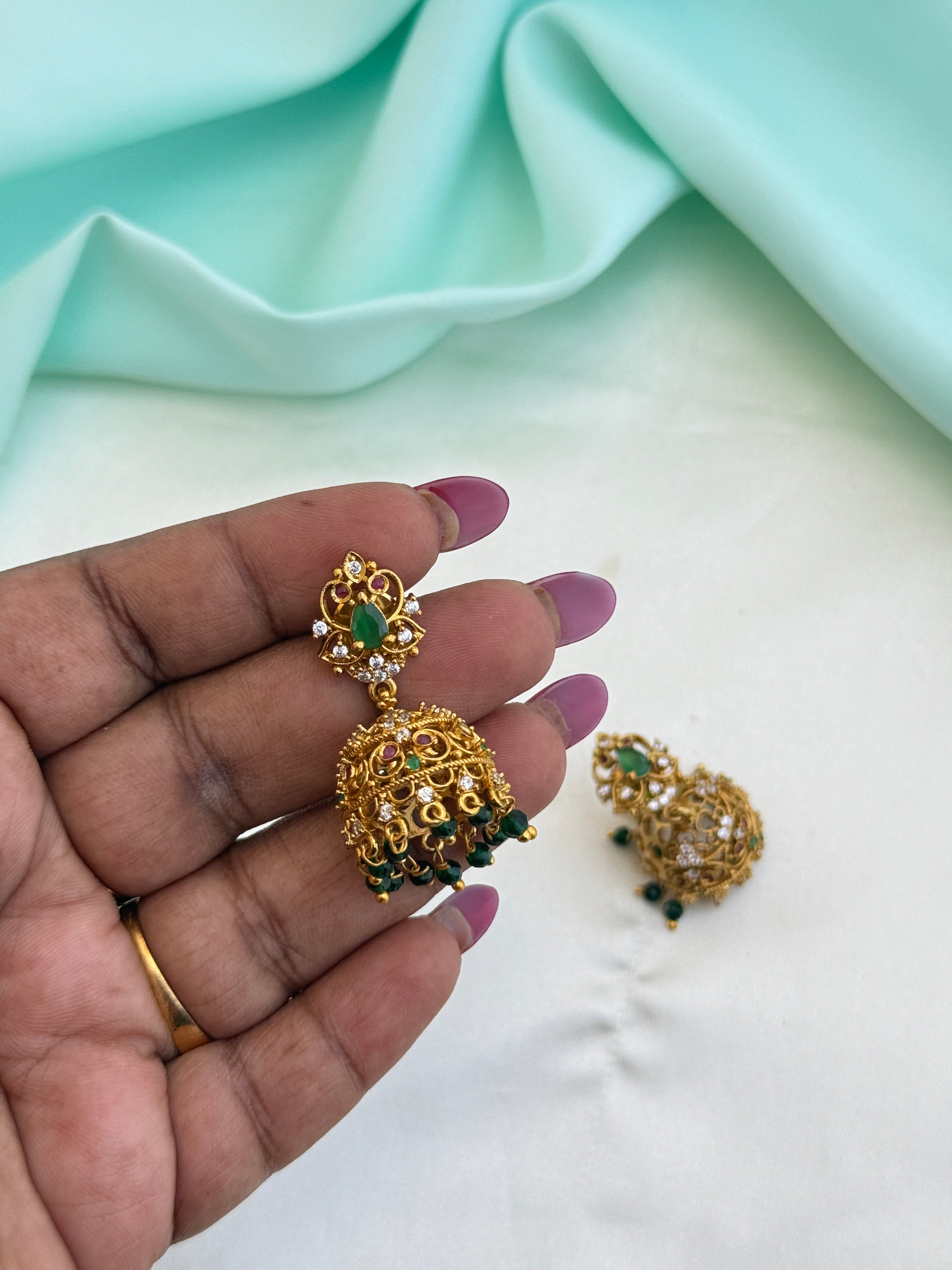 Er261 multi colour butta earrings with green beads and pearls