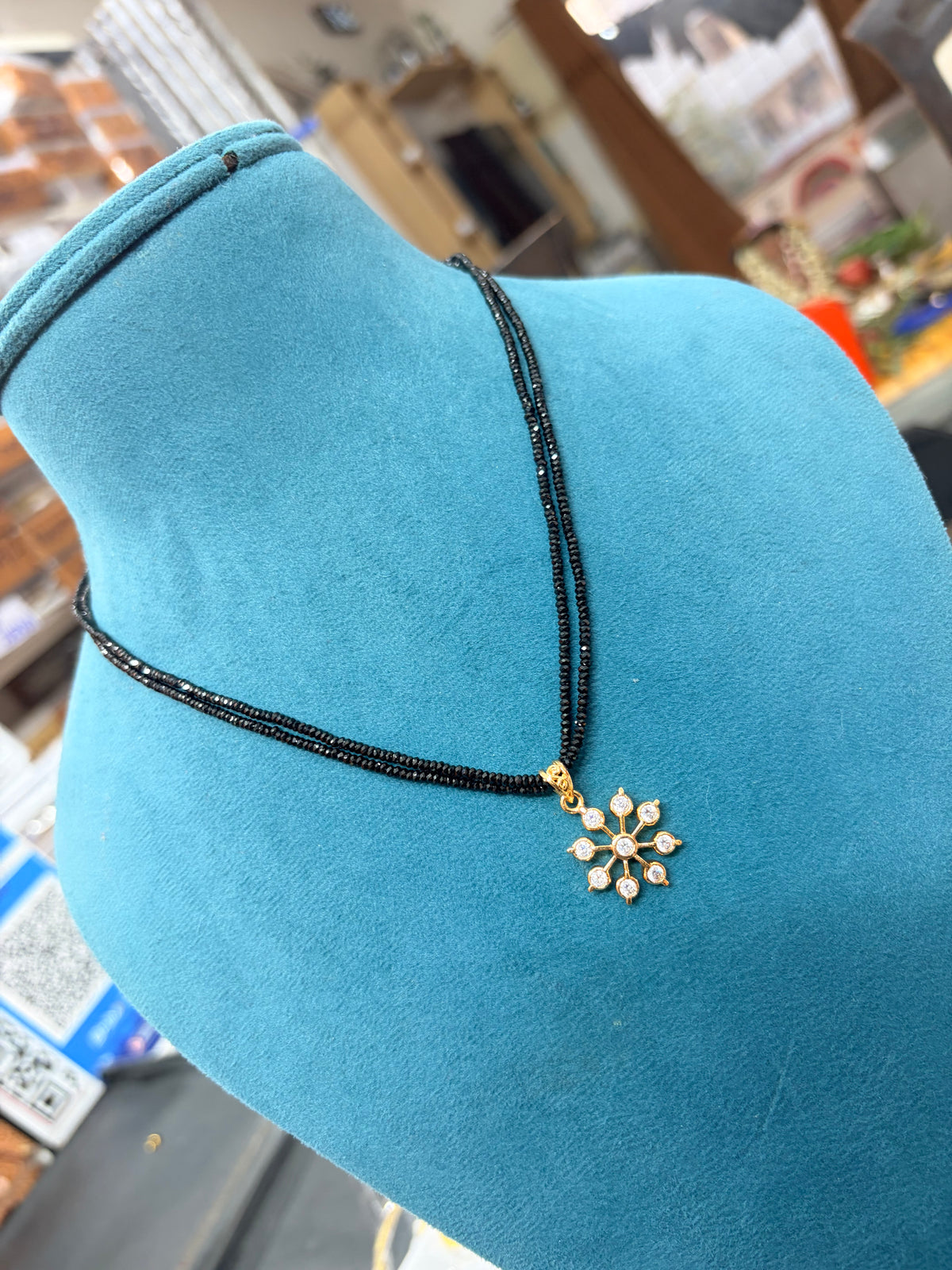 Crystal black beads with Panchaloham pendant 18 inches BB352