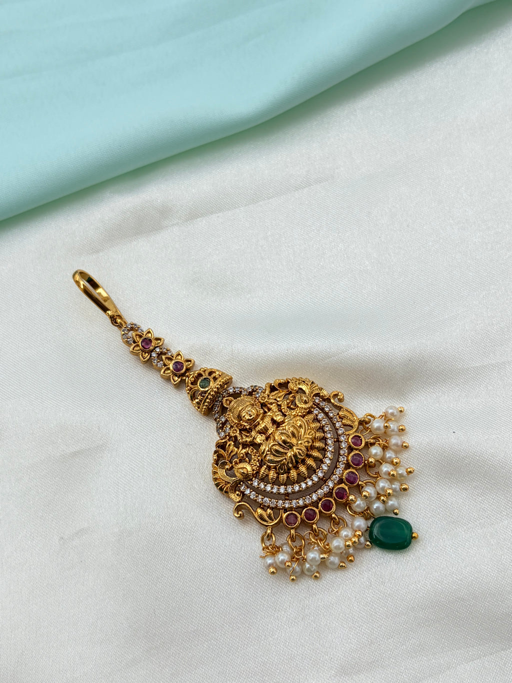Lakshmidevi stones with green beads pearls tikka tk850