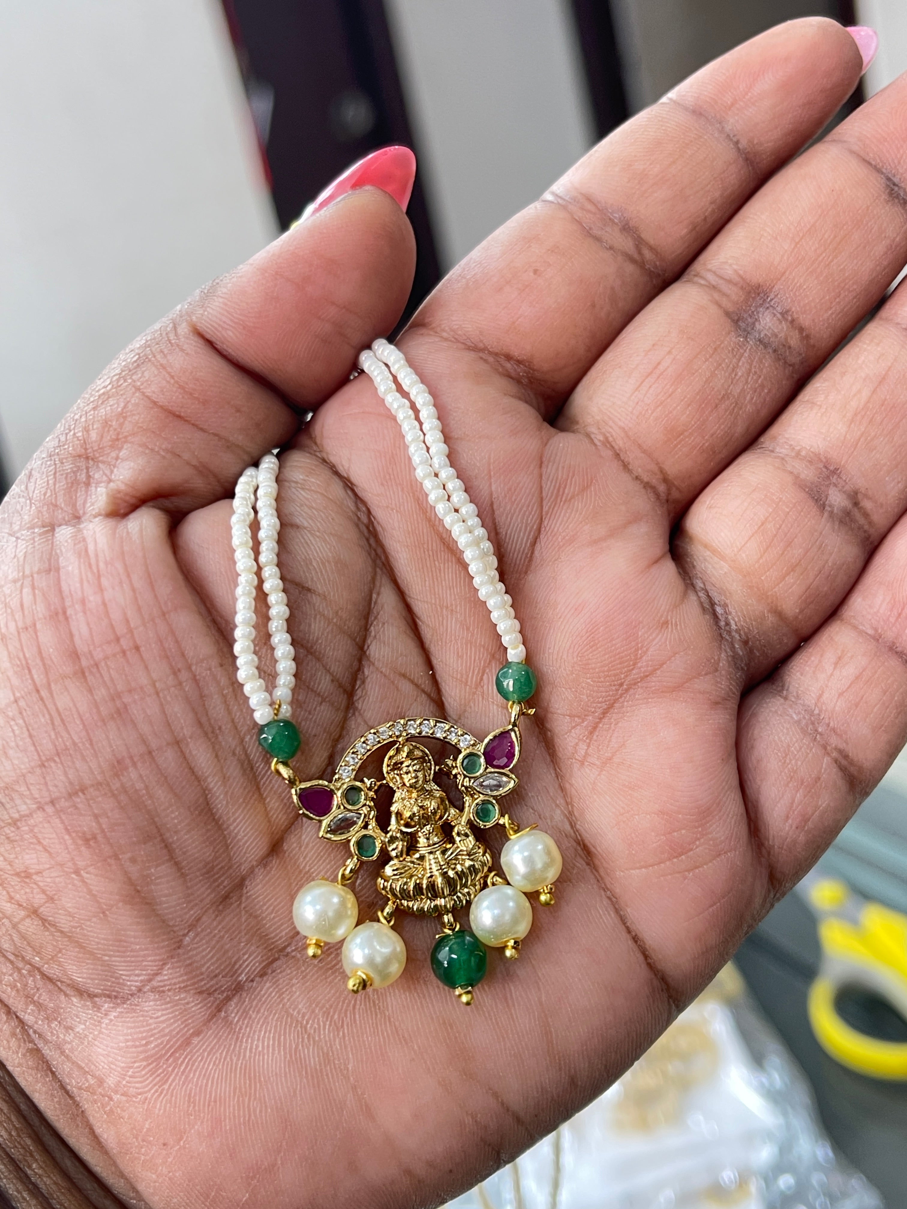 2 lines sugar pearl Lakshmi Devi pendant in ruby and green pc001