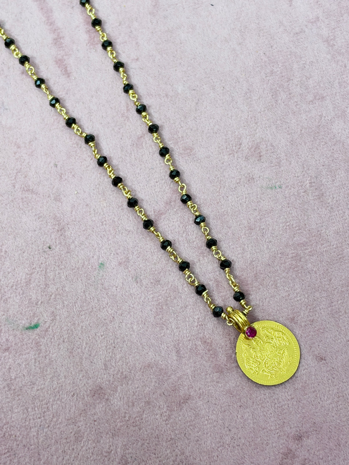 Bb401 Panchaloham polished kasu pendant with unpolished 16 to 18 inches black beads