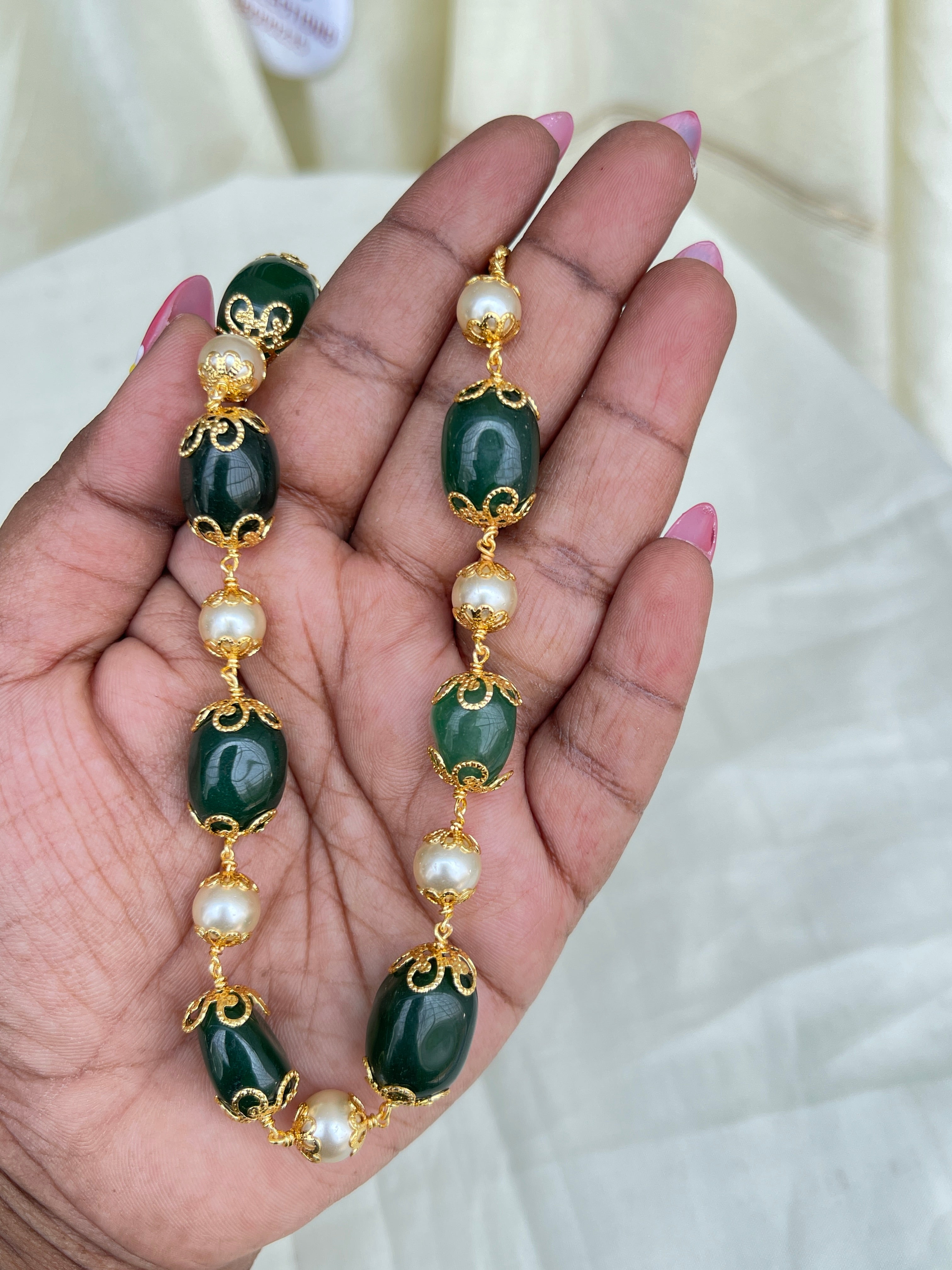 Big green beads with pearl single line beads chain