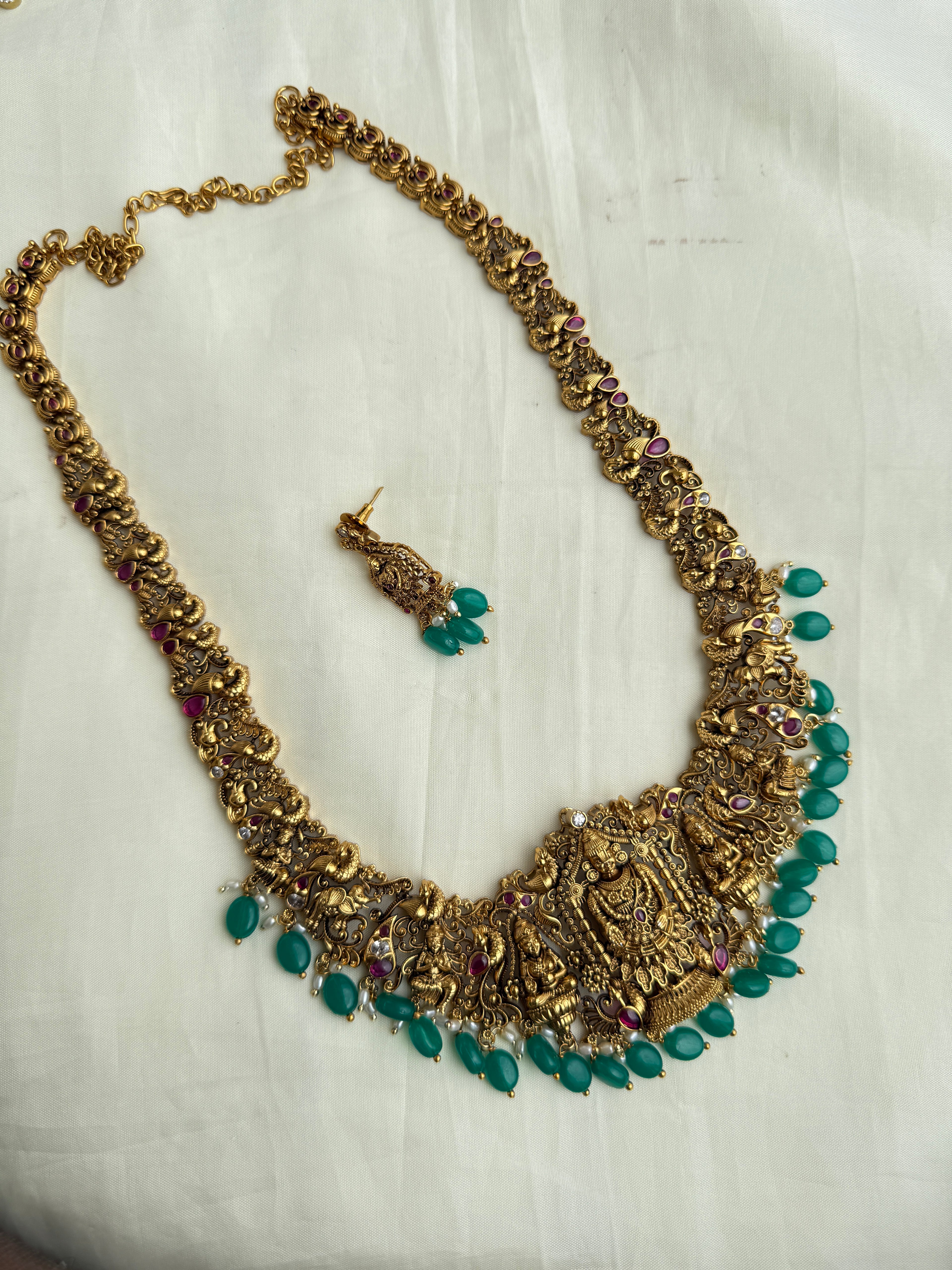 Lh2021 Lakshmi Devi green beads long haram