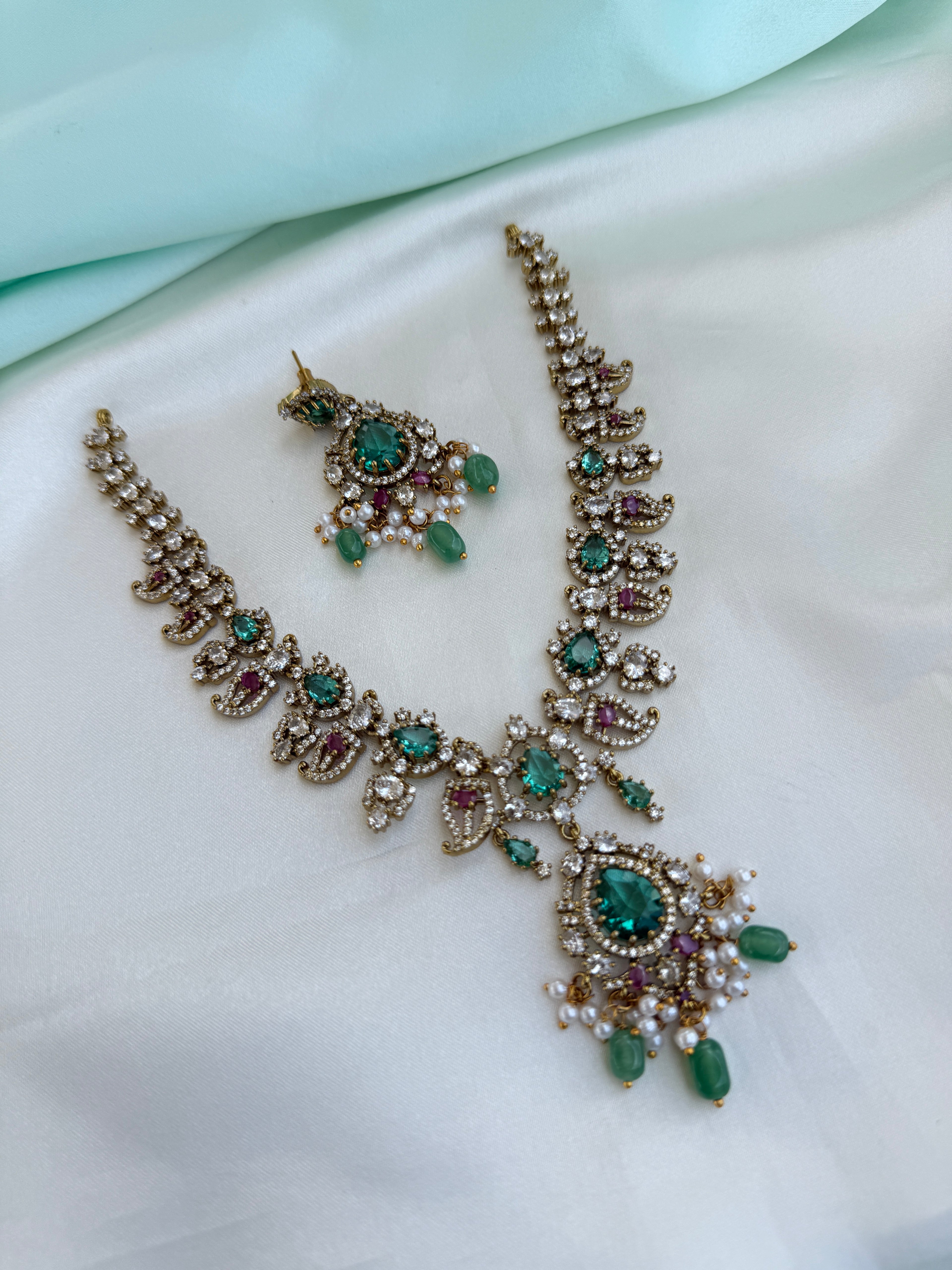 Elegant Emerald Ruby Floral Neckset with Pearl drops with earrings ns903