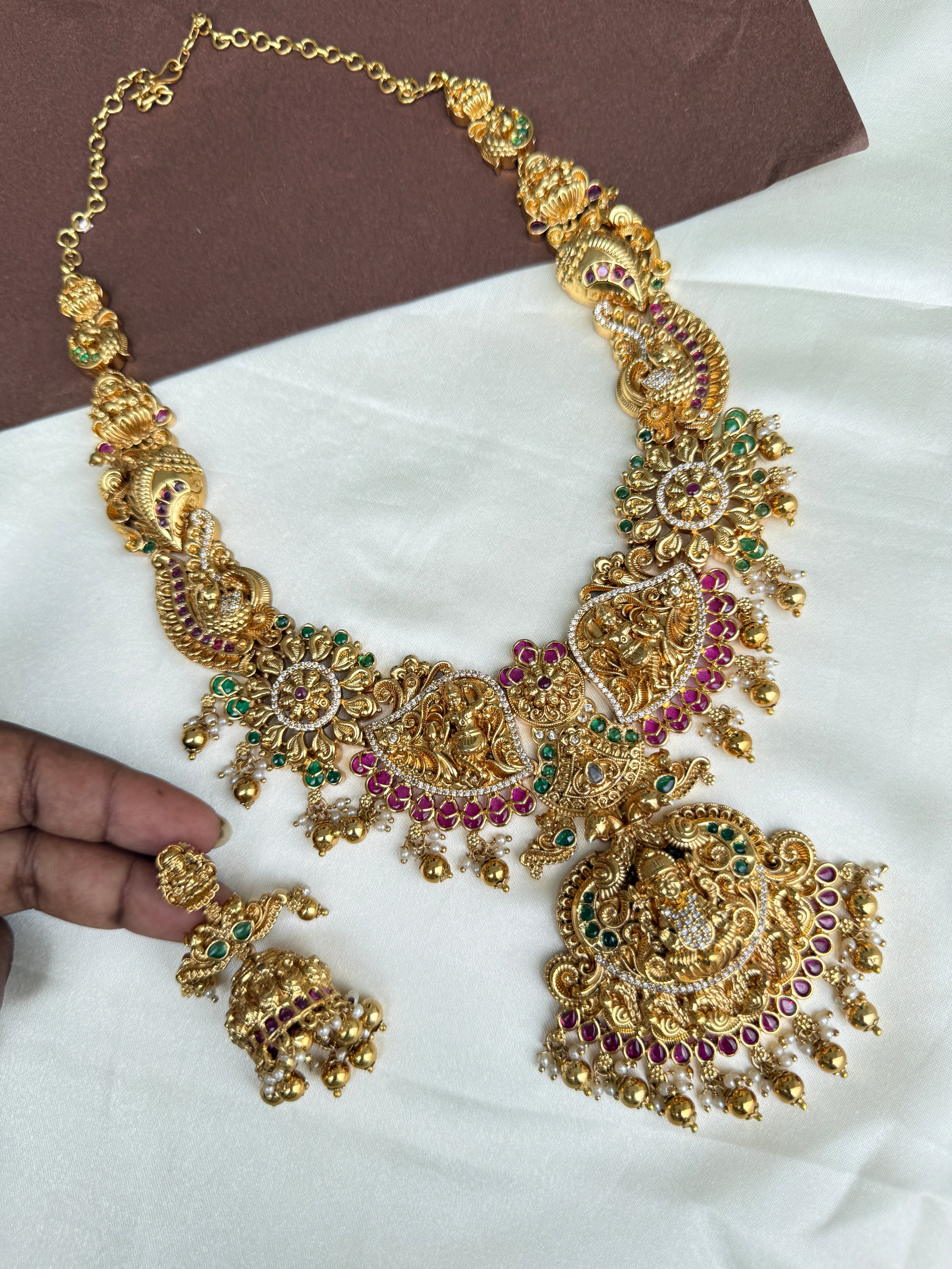 Lh2027 heavy Lakshmi Devi nakshi haram with kemp stones