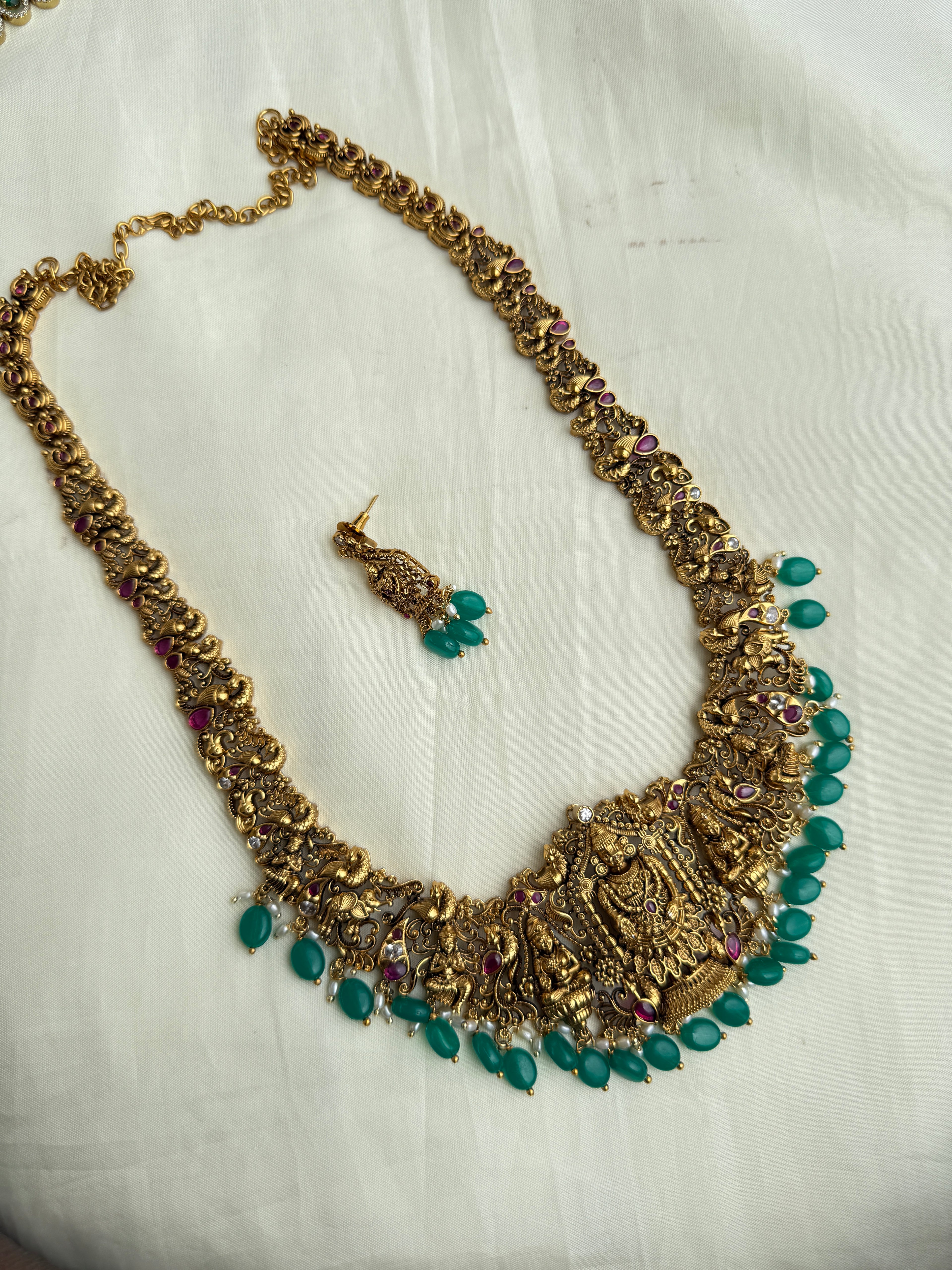 Lh2021 Lakshmi Devi green beads long haram